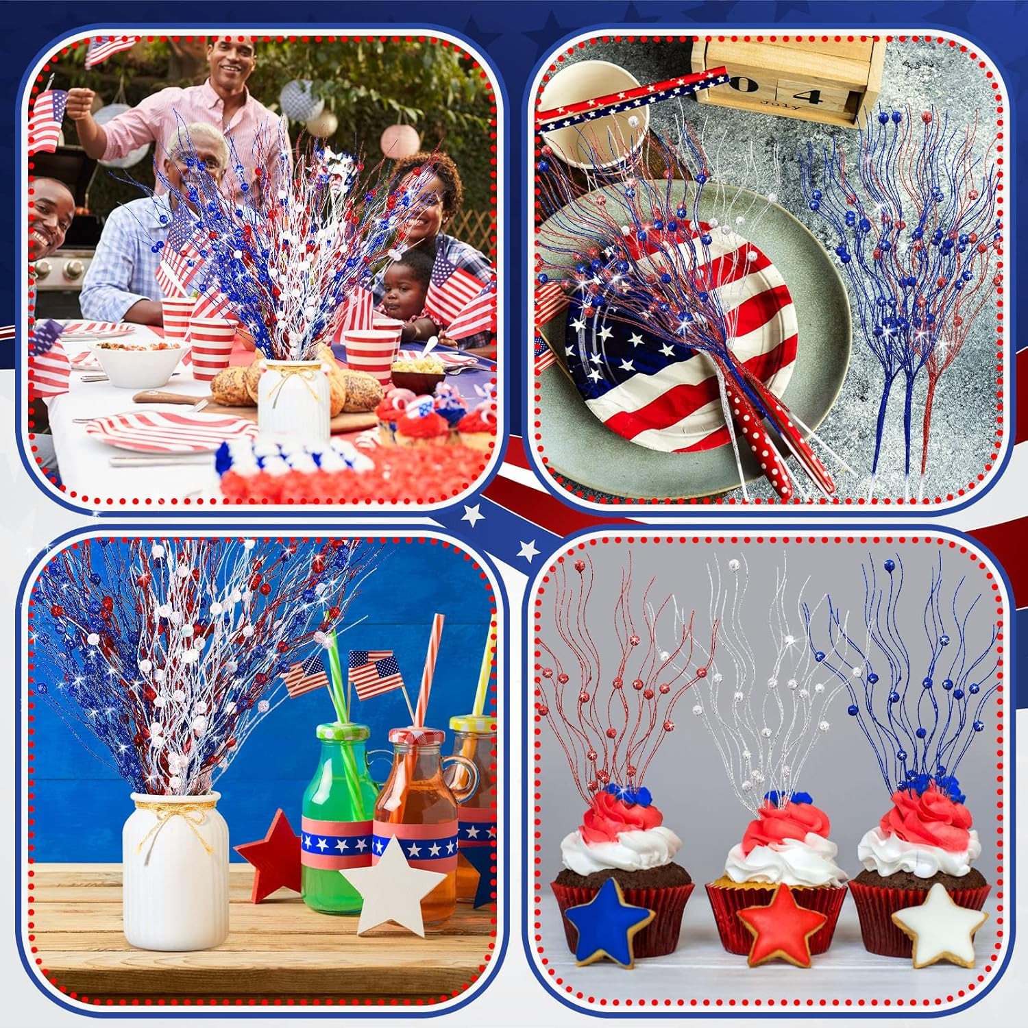 16 Pack Red White and Blue Artificial Flowers 17 Inches 4Th of July Glitter S…