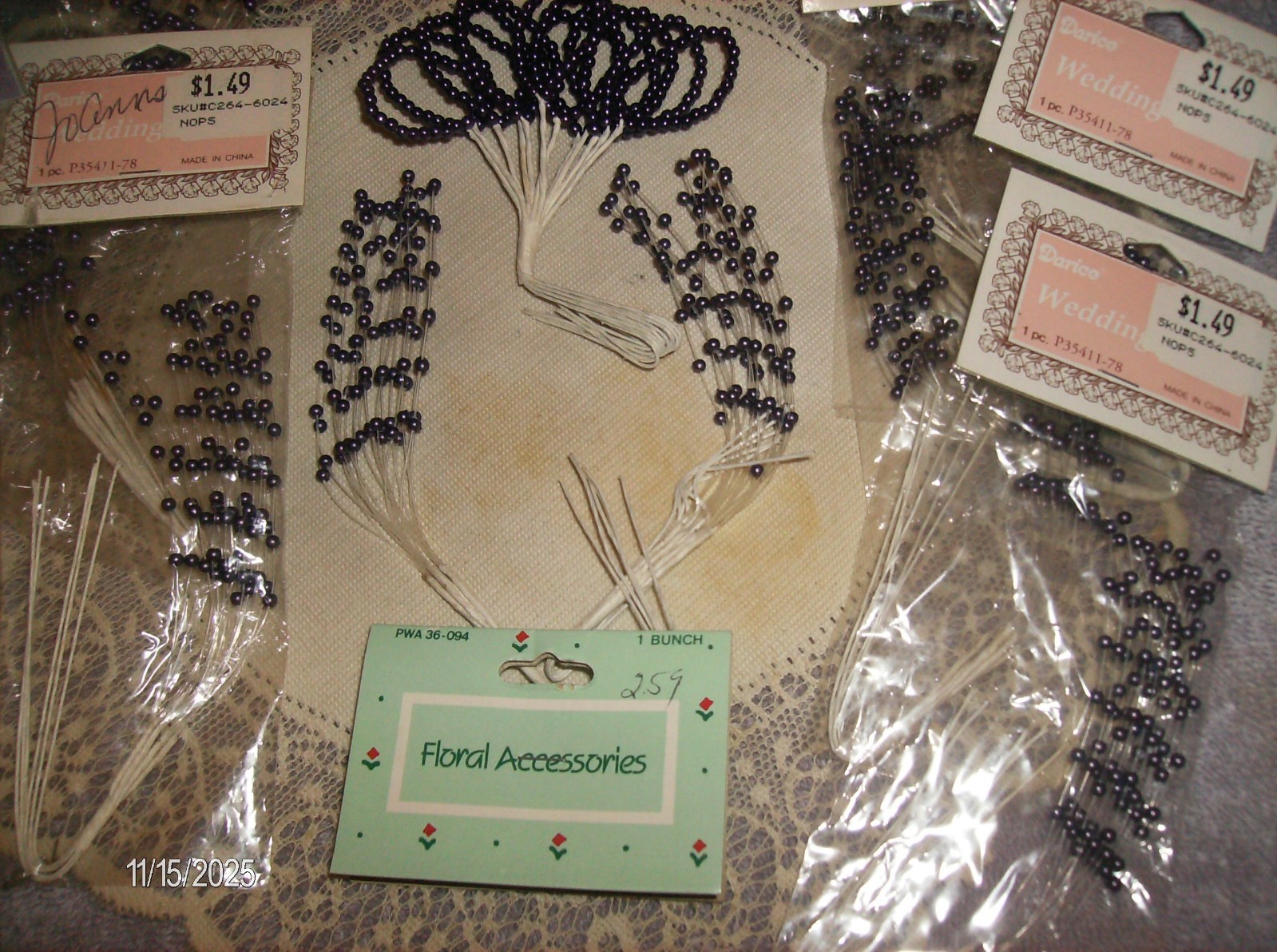 LOT OF 12 PACKAGES PURPLE PEARL BEAD STEMS FLORAL ACCESSORIES CRAFTS & FREE TIES