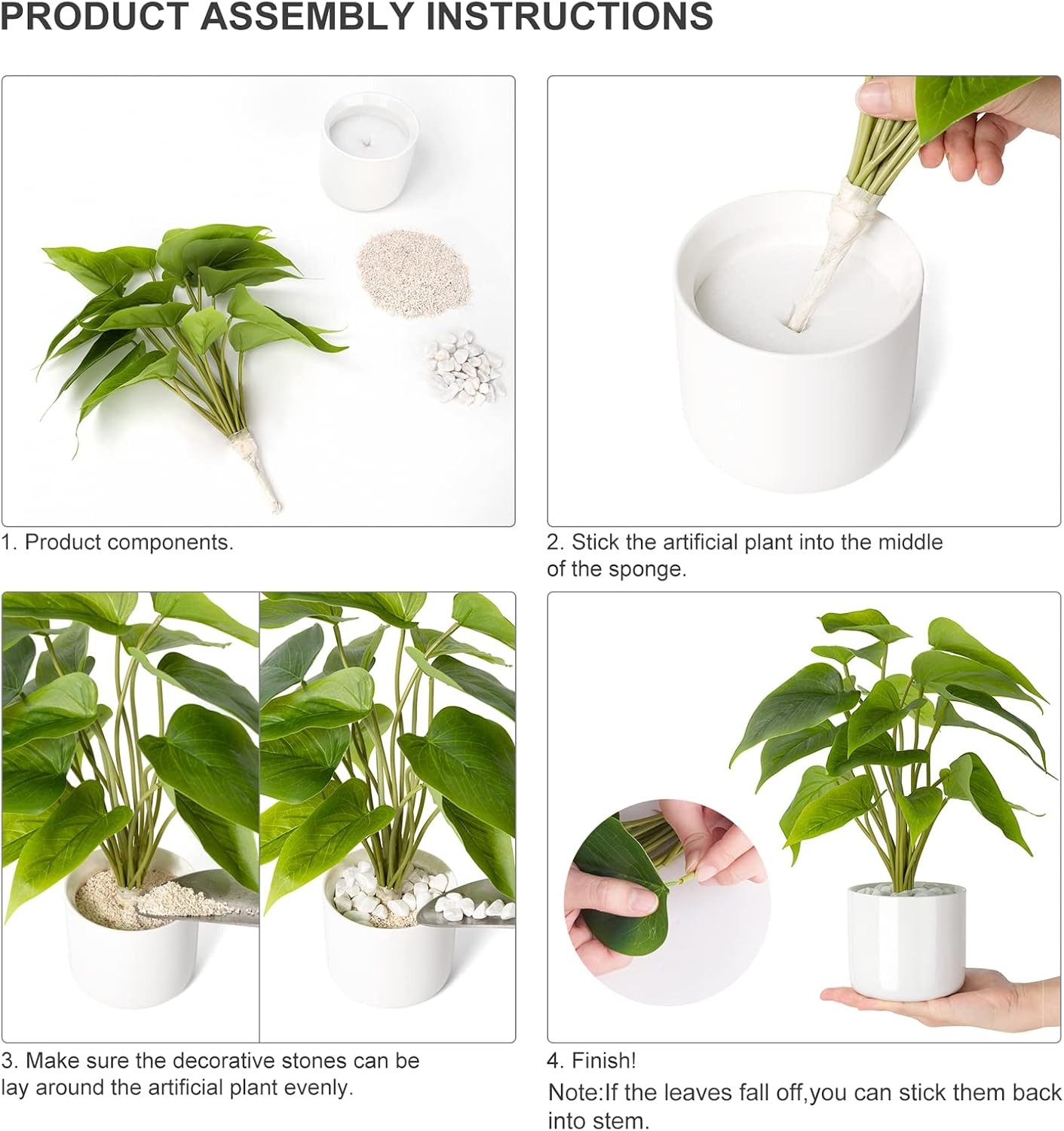 Faux Plants in Ceramic Pot, Indoor Green Leaf Modern White Planter US