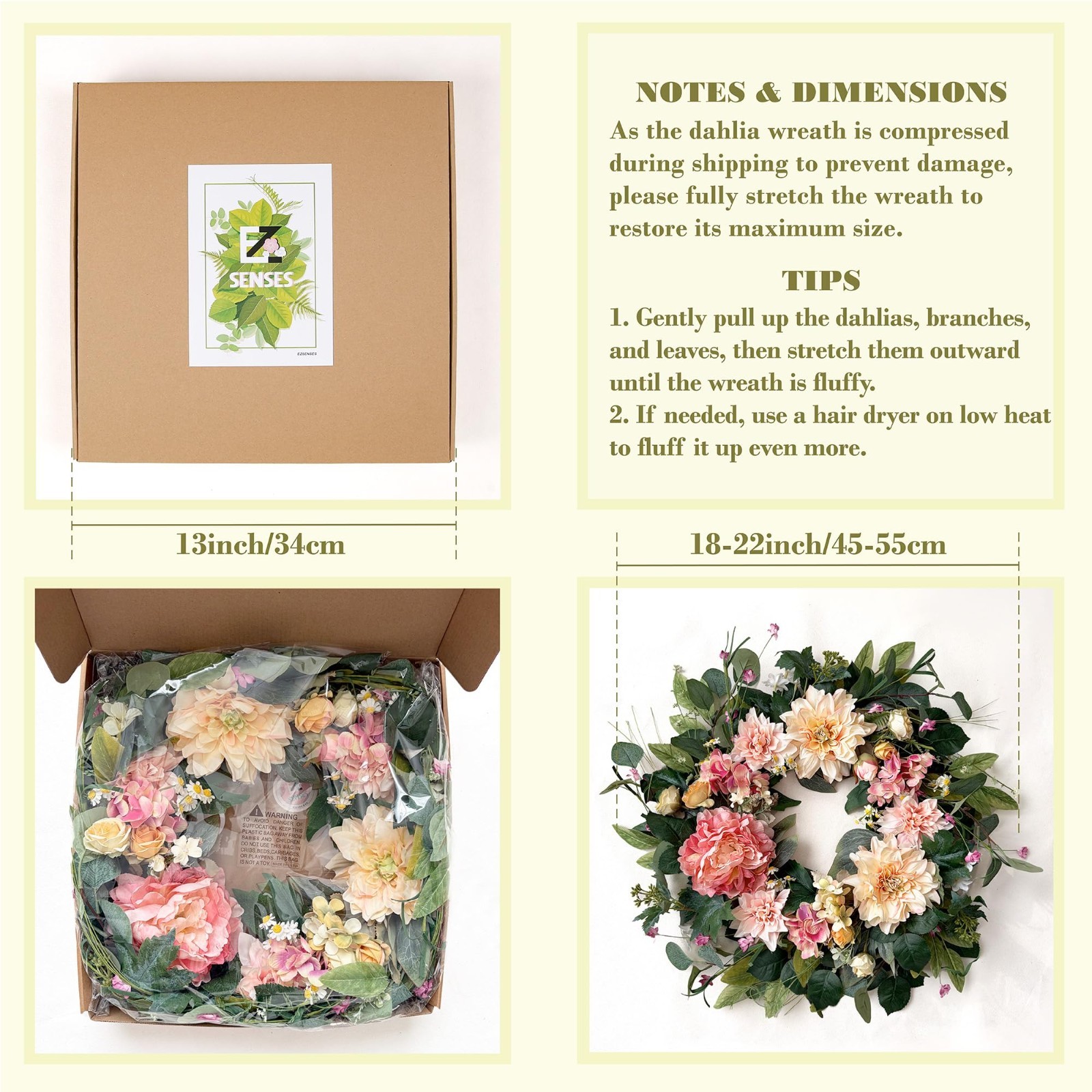 18″ Artificial Floral Wreath – Dahlia, Peony & Daisy for Front Door, Home Décor