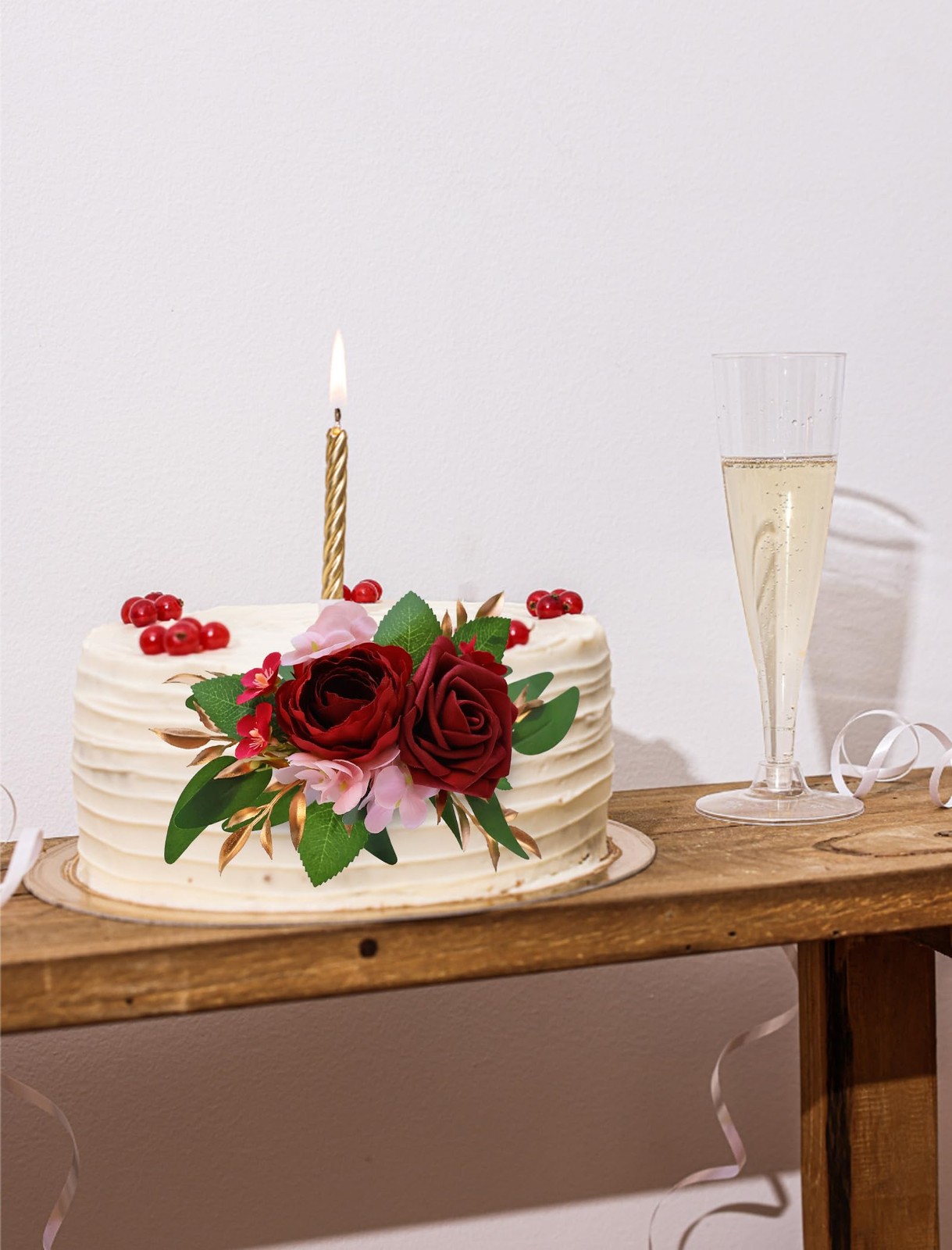 3 PCS Burgundy Red Wedding Cake Topper Set Artificial Flowers Anniversary