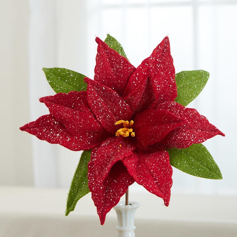 Red Glittered Artificial Poinsettia 11-1/2″ Floral Stem