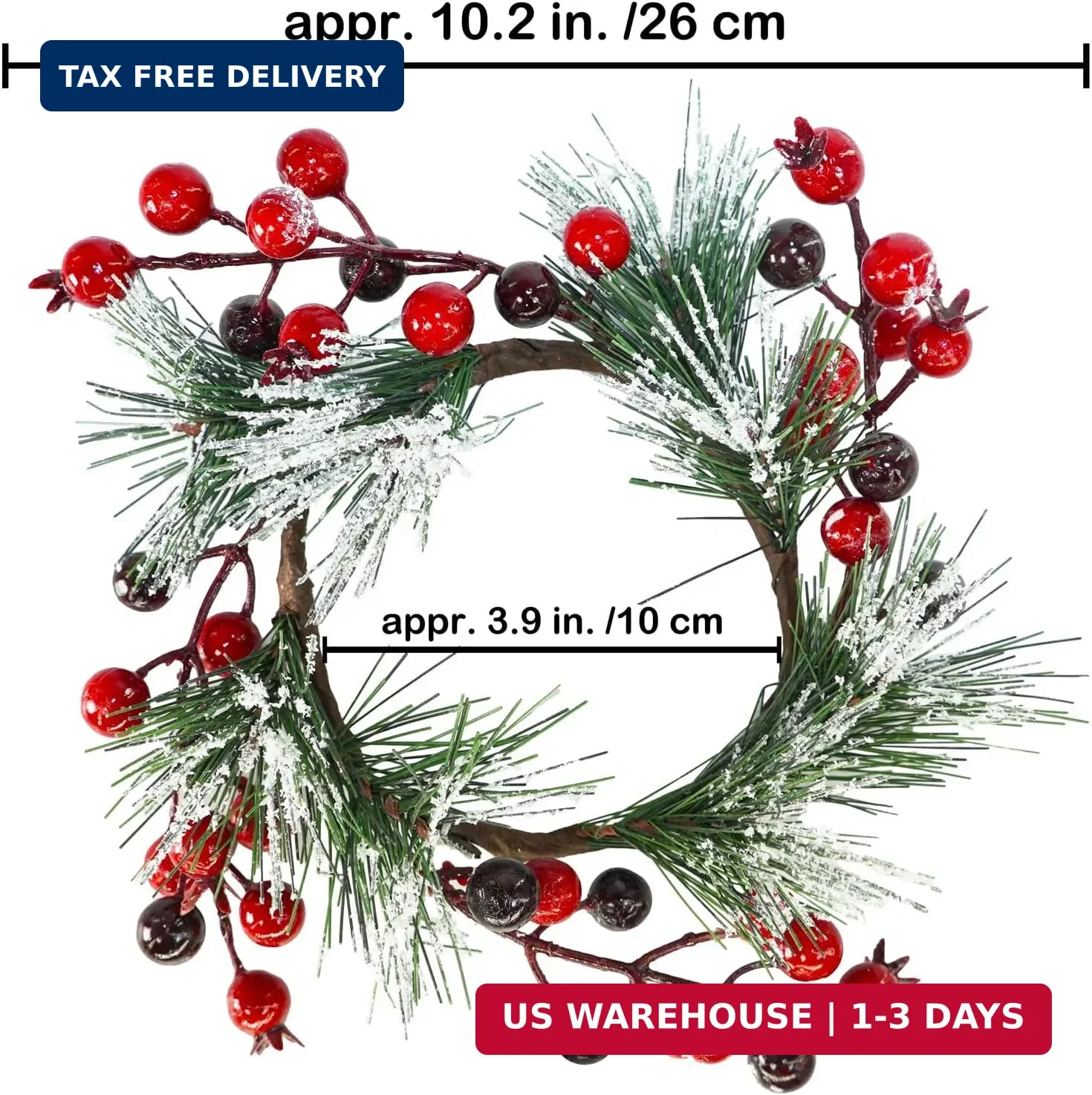 Winlyn 4 Pcs Artificial Pine and Berry Candle Rings Wreaths Snowy Pine Needle Re