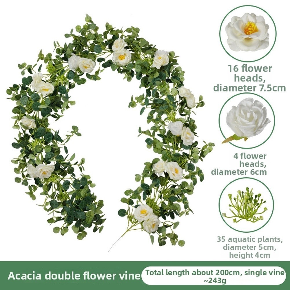 Artificial Acacia Vine 2M with White Faux Roses and Leaves for Weddings