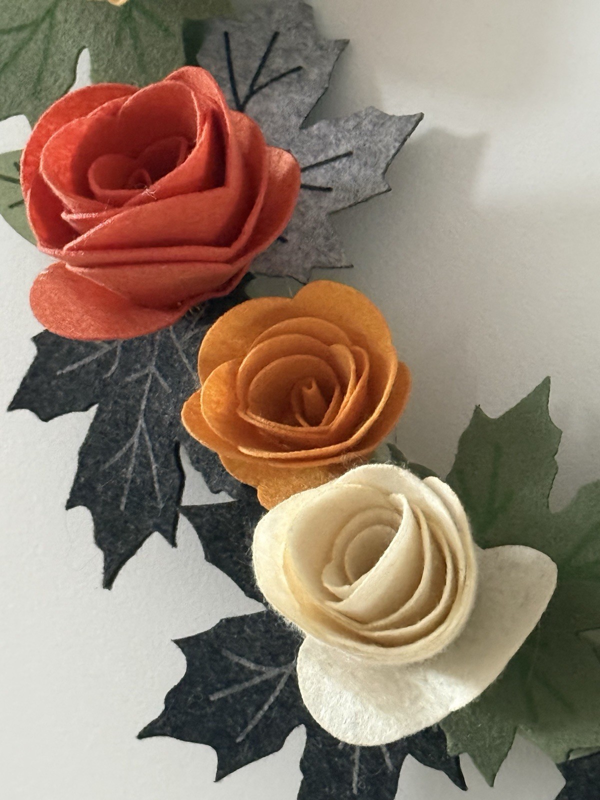 Handmade Felt Roses & Leaves Wreath Approx 18” Round Orange Yellow Peach Greens