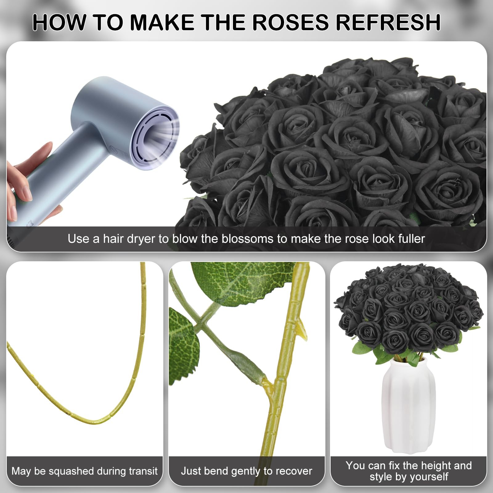 Black Artificial Flowers Fake Roses Bulk – 36 Pcs Velvet Silk Flowers Rose Bo…