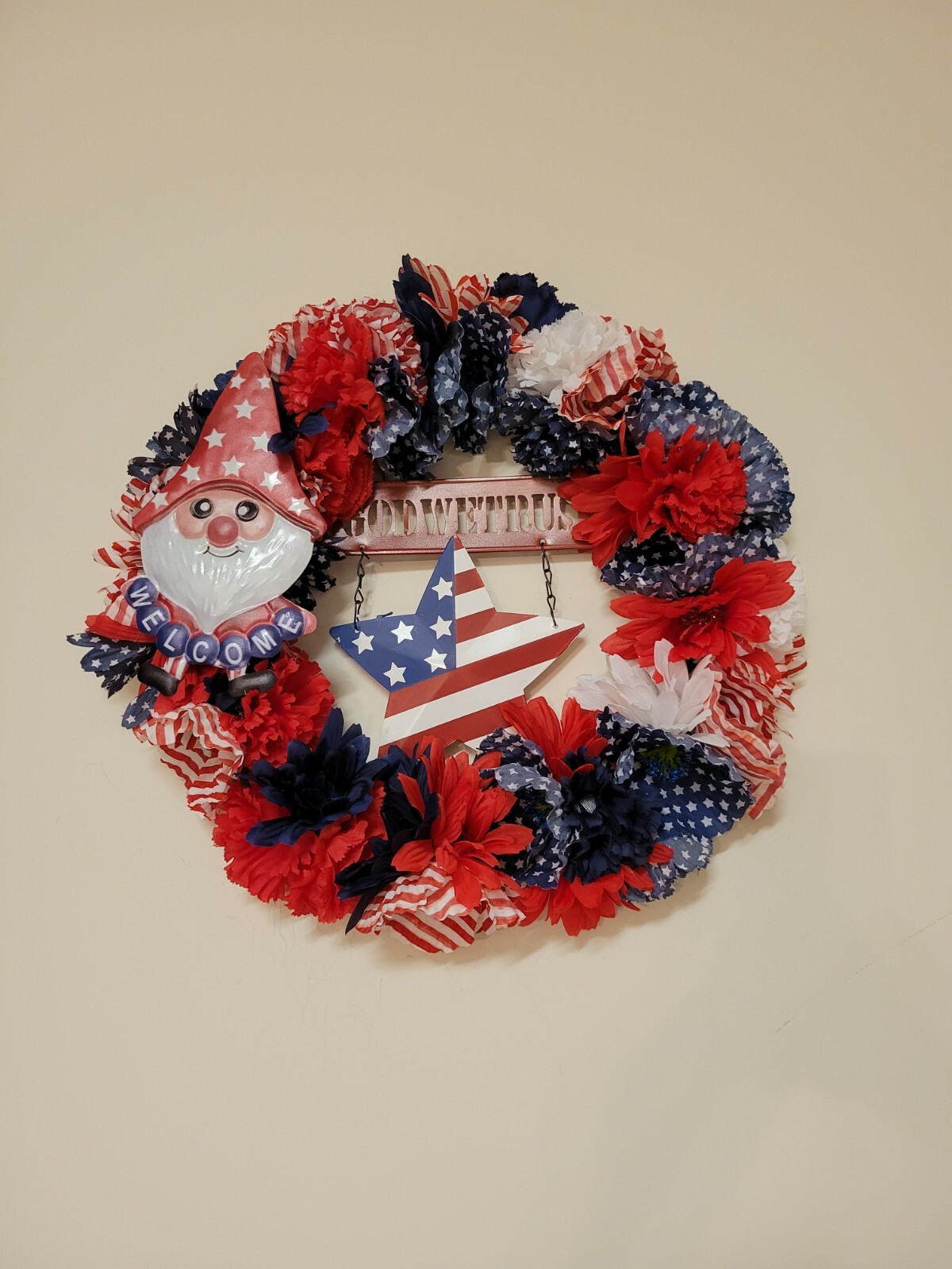 Welcome IN GOG WE TRUST red white blue burlap Door WREATH patriotic 4th of July