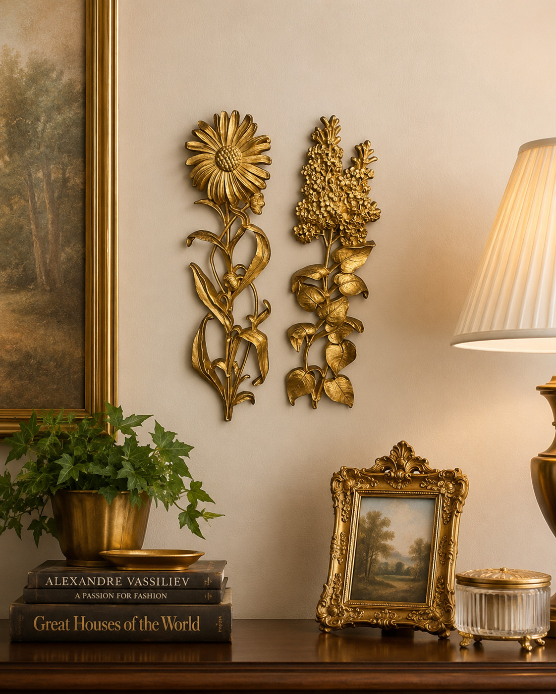 Vintage Syroco Gold Floral Wall Plaques Pair MCM Hollywood Regency 1971 USA