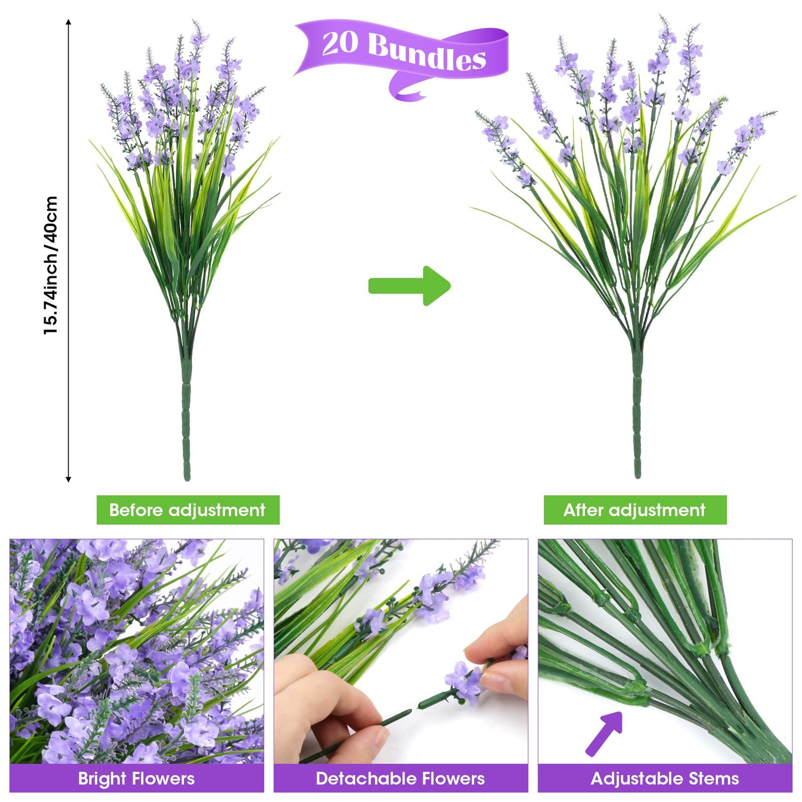 20 Bundles Artificial Lavender Flowers for Outdoors Fake Silk Flowers Faux Plant