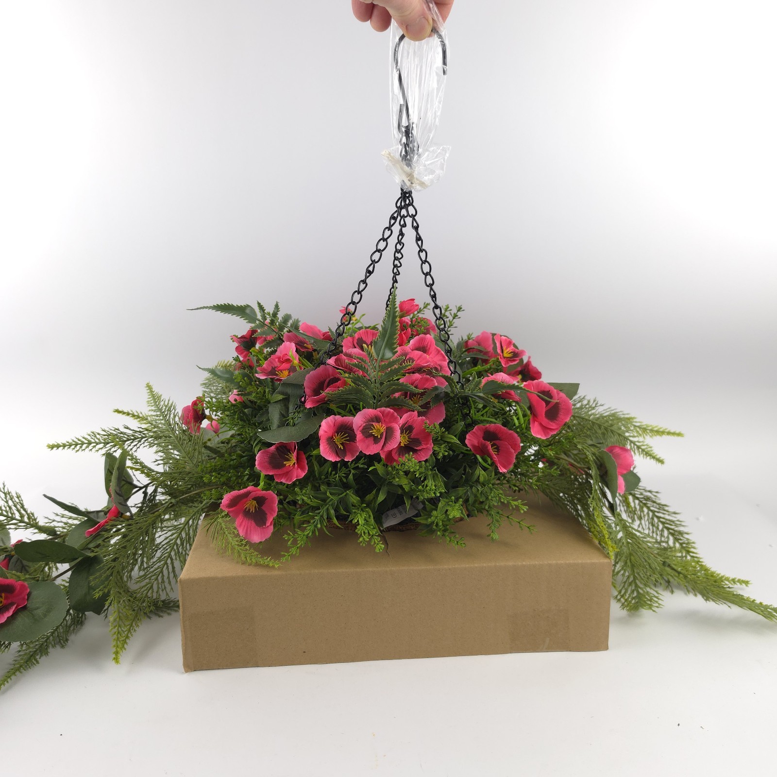 Garden Reflections Cascading Faux Pansy & Fern Hanging Basket Red