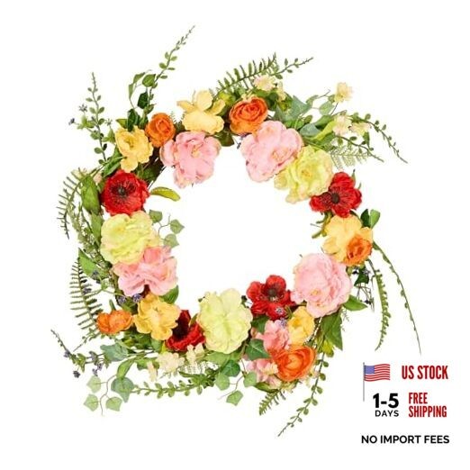Spring & Summer Wreath 22 Inch with Mixed Flowers for Front Door Branch Wreath
