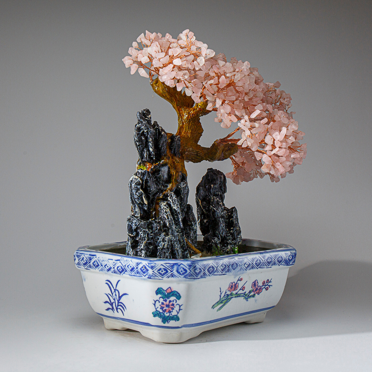 Genuine Rose Quartz Gemstone Bonsai Tree in Round Ceramic Pot (13”Tall)