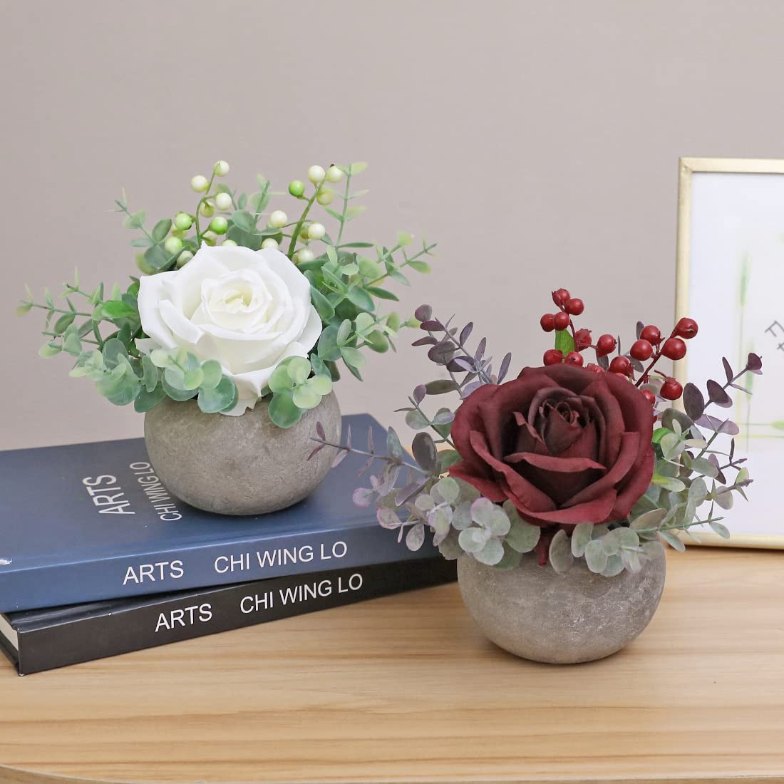 Small Artificial Burgundy Rose Potted Plant, 6″ Fake Silk Flowers in 3.5″ Rou…