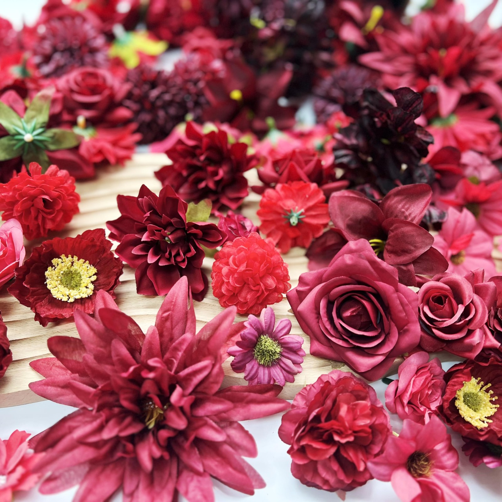 Burgundy Red Artificial Christmas Flowers Bulk Silk Roses Fabric Heads