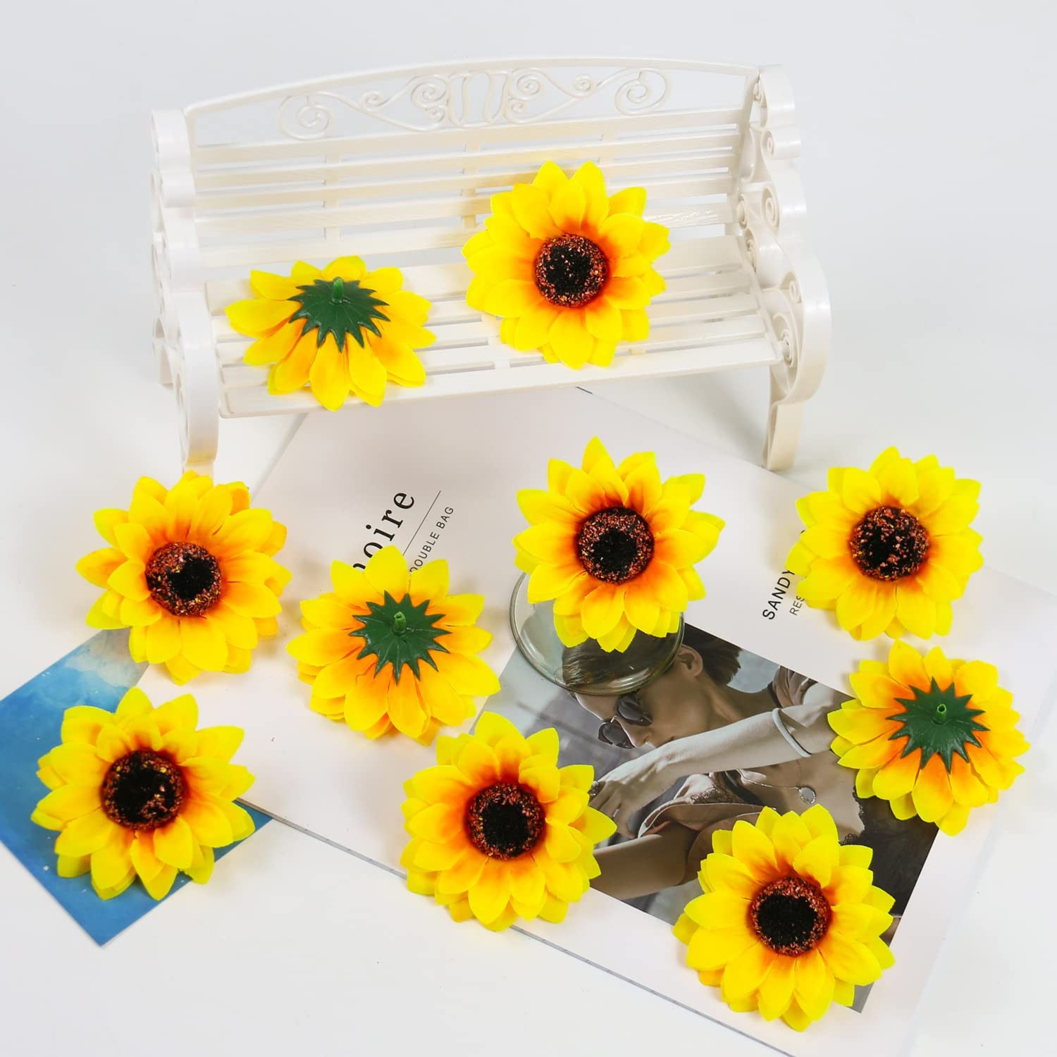 100 PCS Realistic Artificial Silk Sunflower Heads 2.75 Inch Floral DIY Decor
