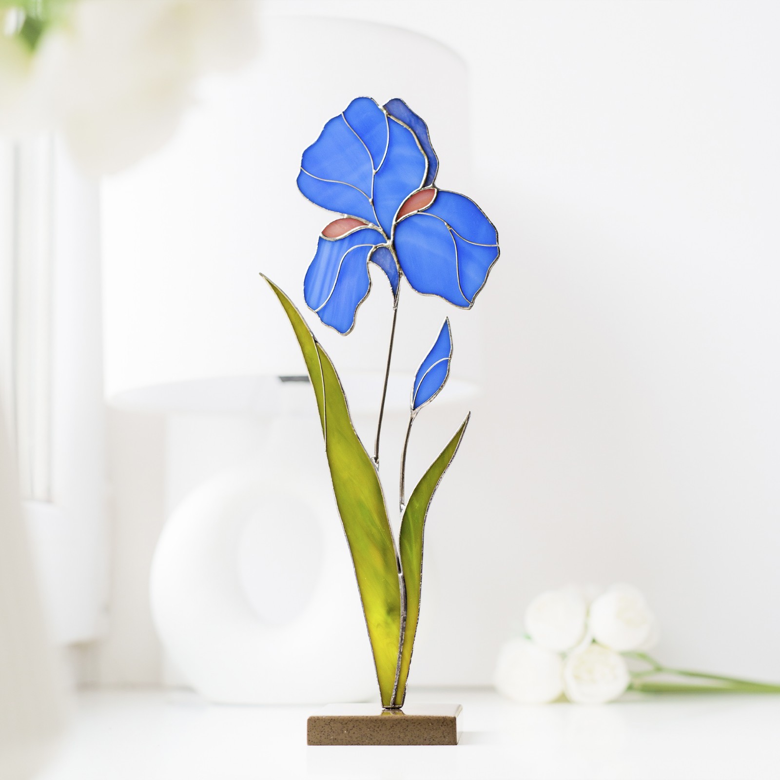 Iris Stained Glass Plant Decor – Faux Flower Table Art Gift for Her