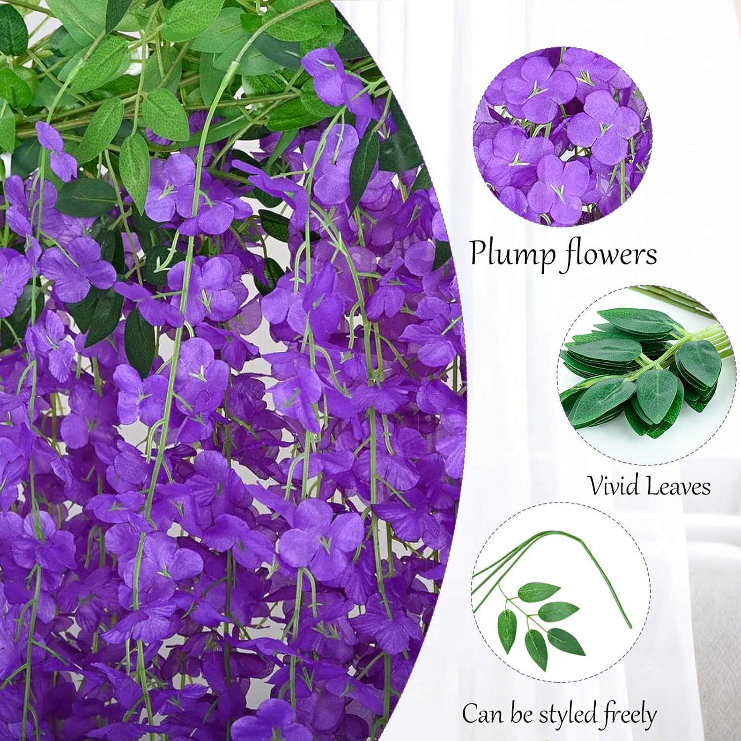 200Pcs Purple Wisteria Hanging Flowers Silk Garland for Wedding Party Decor