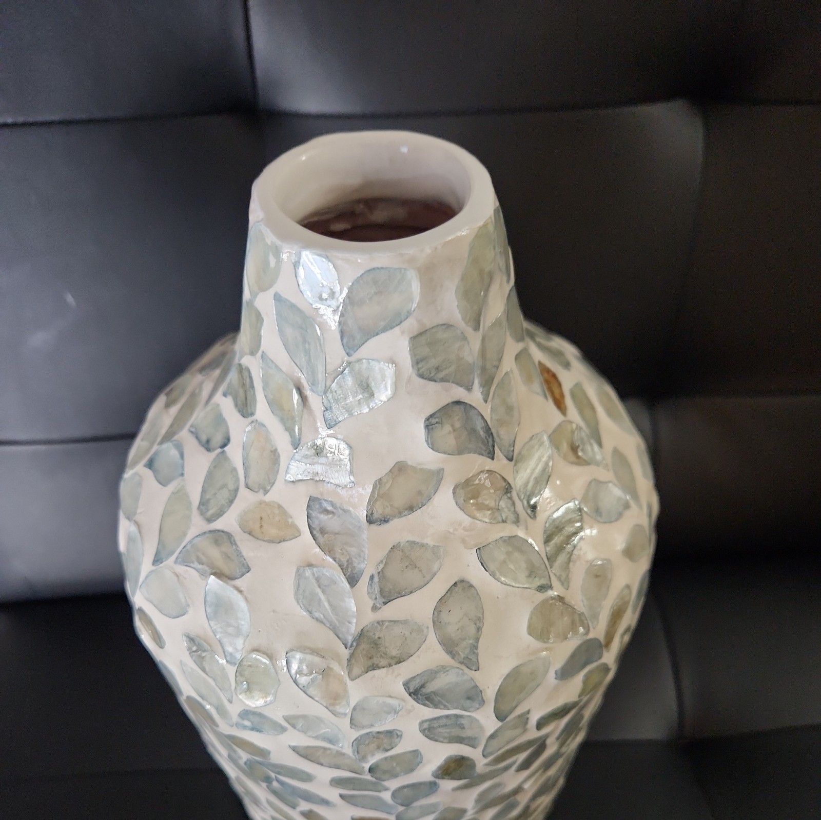 Handcrafted Textured Ceramic Vase Leaf Design Vietnam 12” Decorative Art