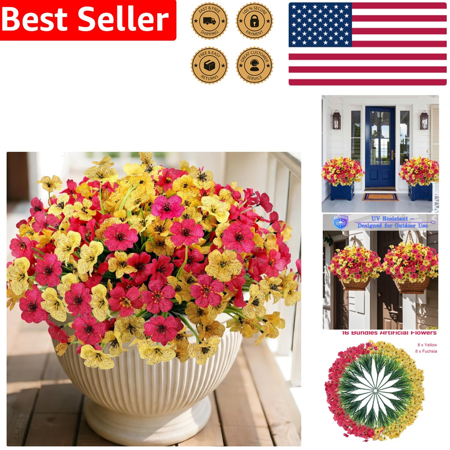 Fake Flowers 16 Count Durable Rose Yellow Fade Resistant Porch Yard Decoration