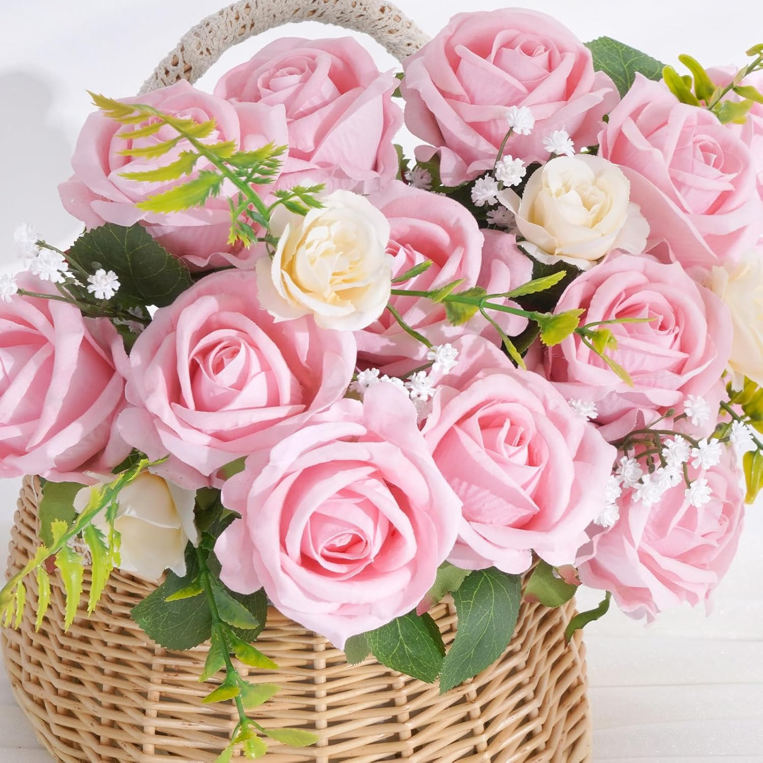 50 Pcs Pink Roses Artificial Flowers, Real Touch Velvet Roses Bouquet Fake Flowe