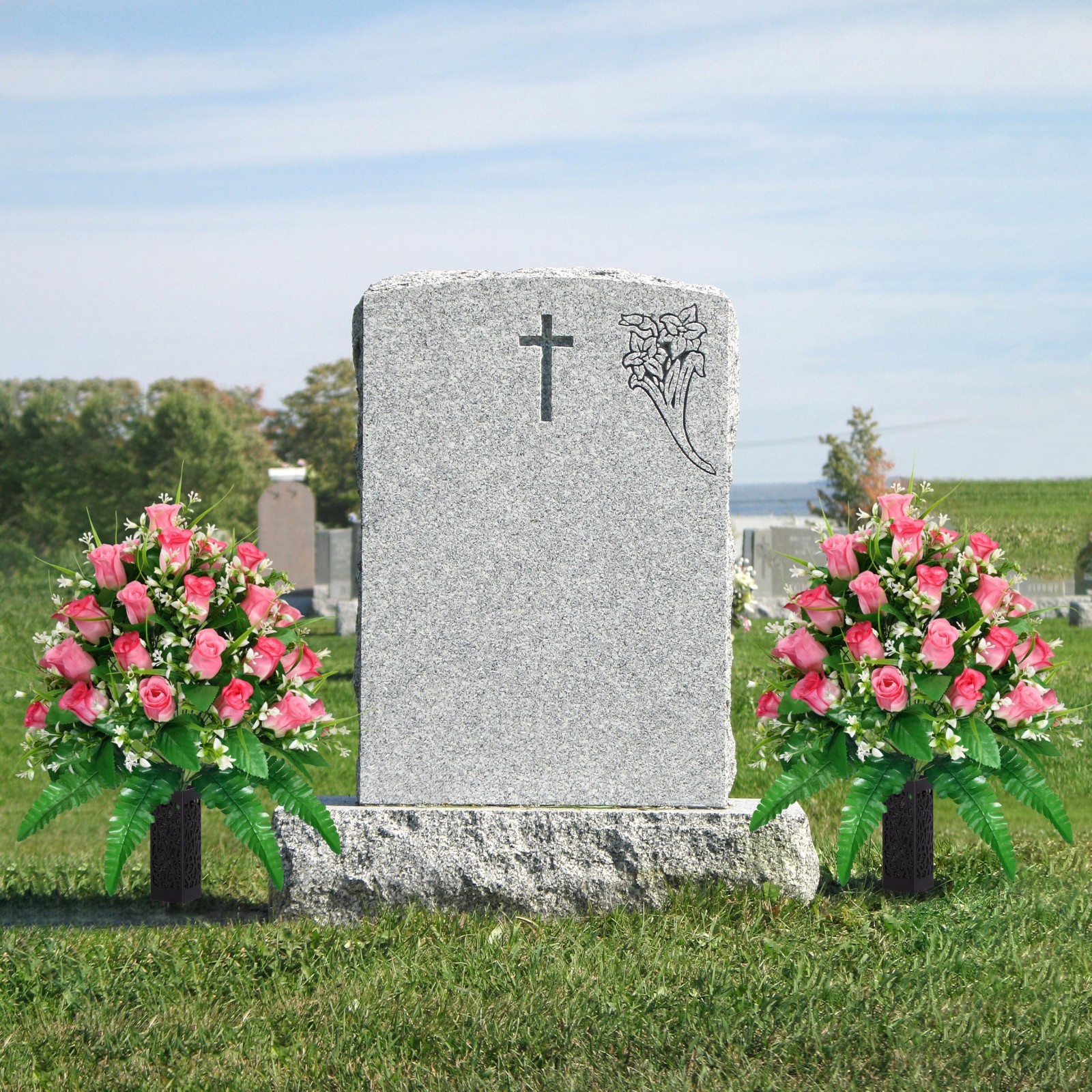 2 Sets Pink Artificial Cemetery Flowers – Realistic Roses for Grave Decor, Non-B