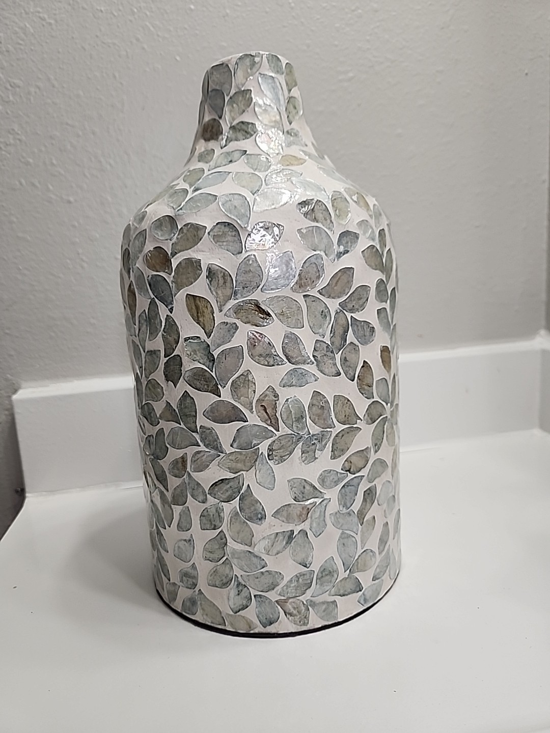 Handcrafted Textured Ceramic Vase Leaf Design Vietnam 12” Decorative Art