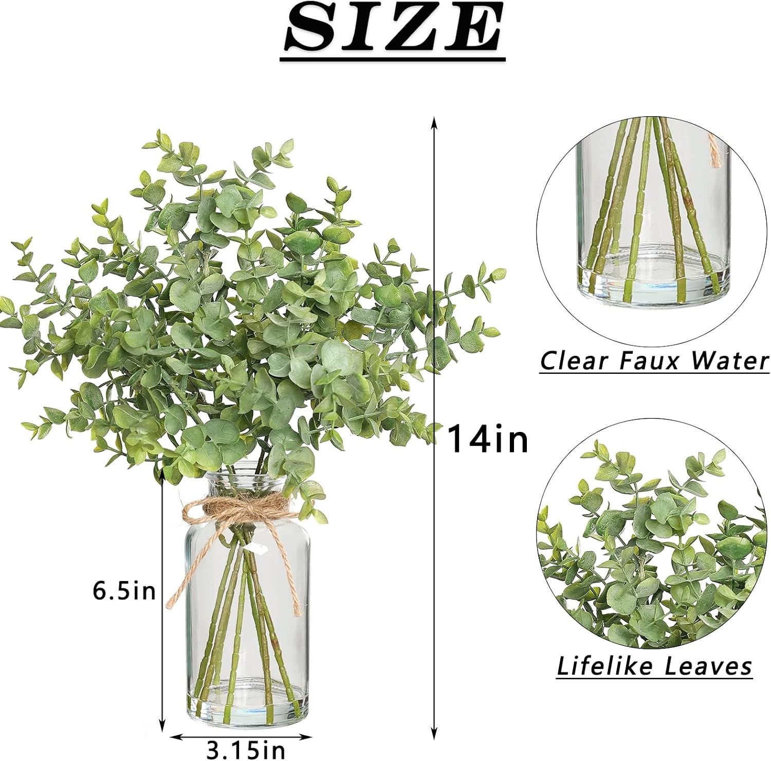 Fake Eucalyptus Stems in Glass Vase with Faux Water,14″ Artificial Plants