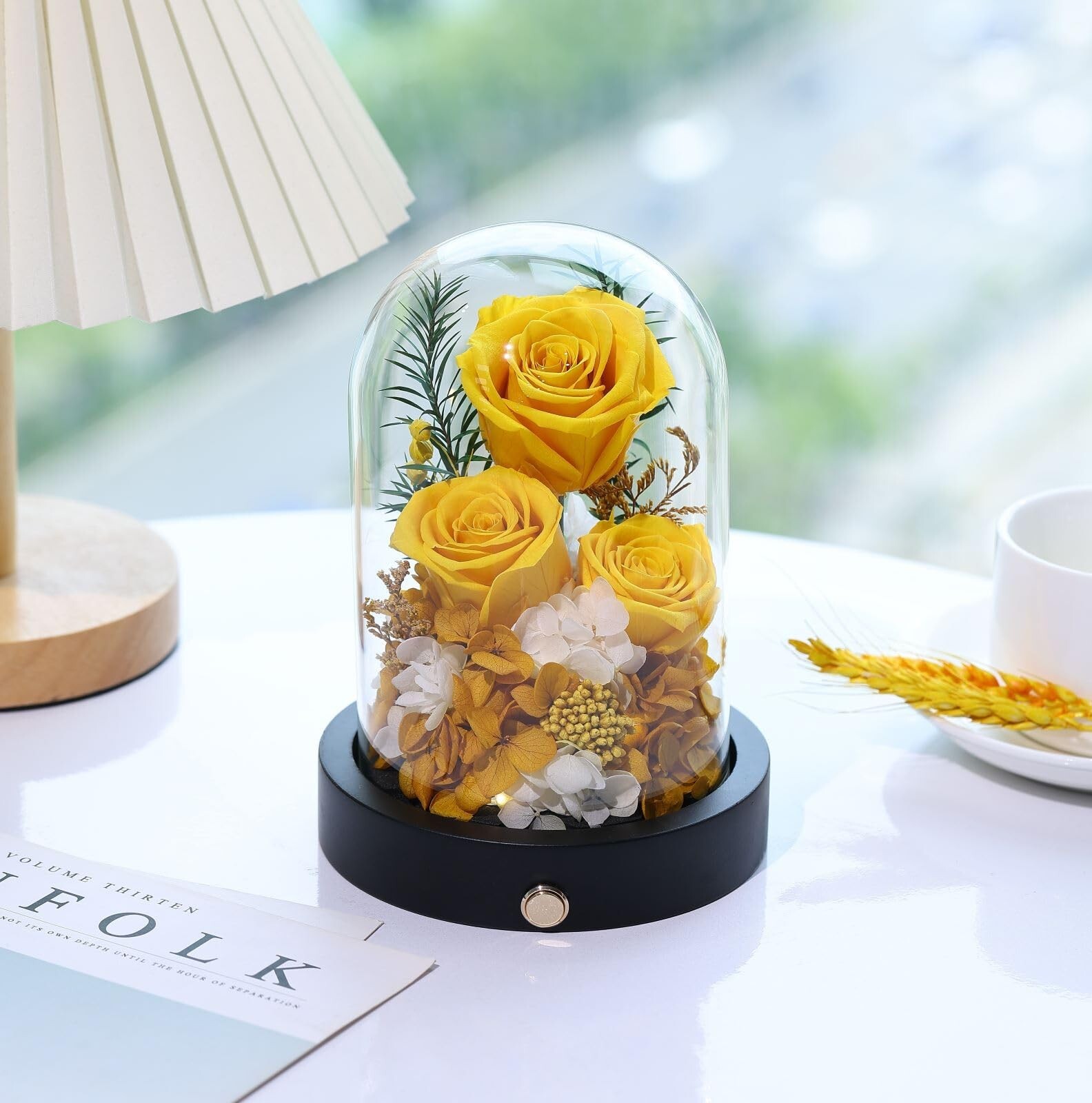 Preserved Roses Flowers in Glass Dome, Long-Lasting Real Yellow Forever Roses…