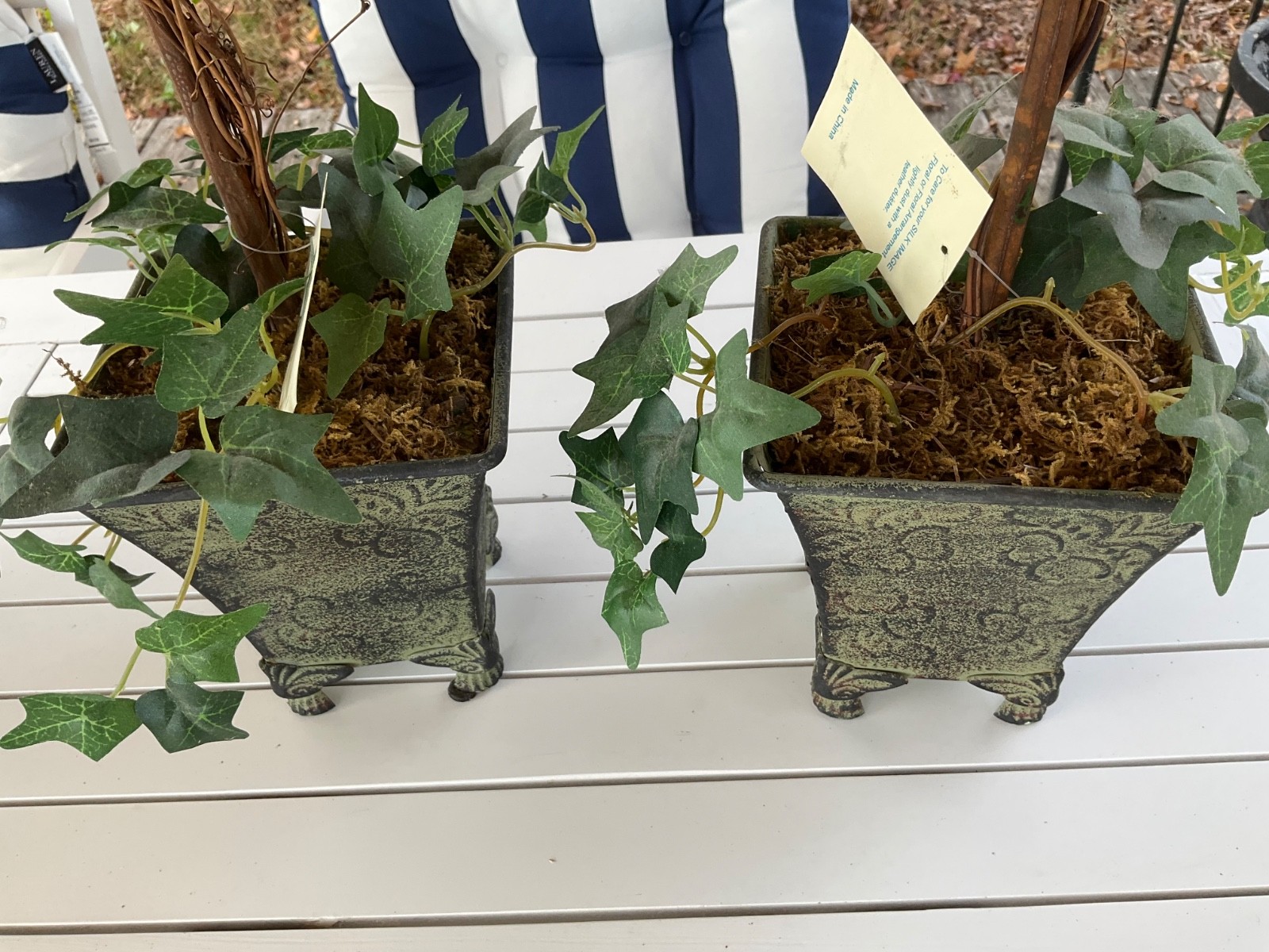 Set of 2 Artificial Plant Leaves Topiary Tree Ball Shaped Green Metal Pot 21”