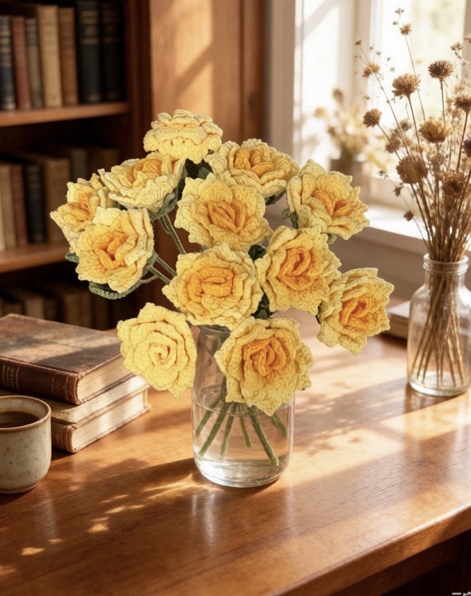 12 PCS Crochet Yellow Roses, Handmade Forever Flower Bouquet