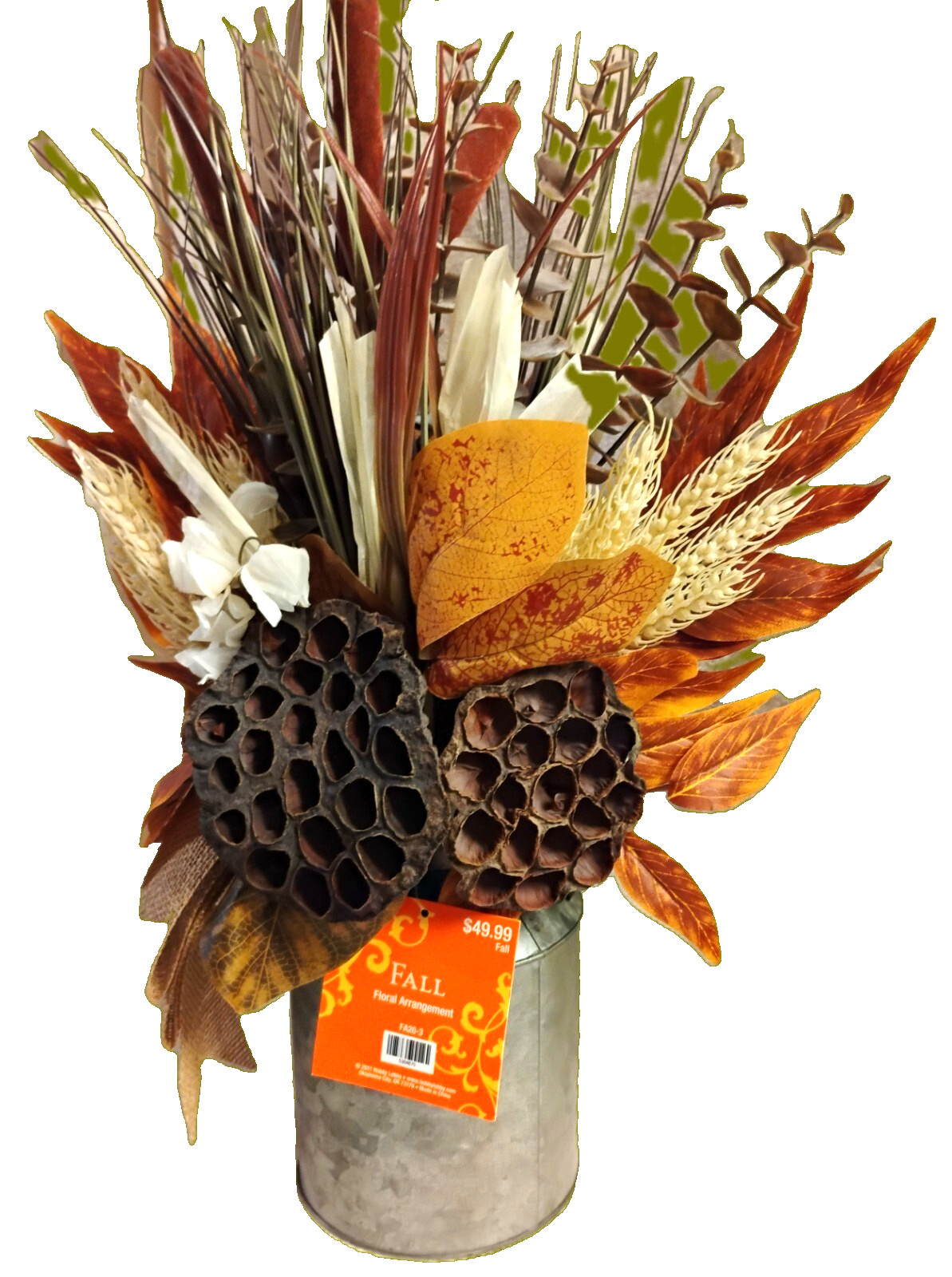 NWT Autumn Fall Floral Arrangement-Cattails & Lotus Pods-Silver Milk Can-18.75″T