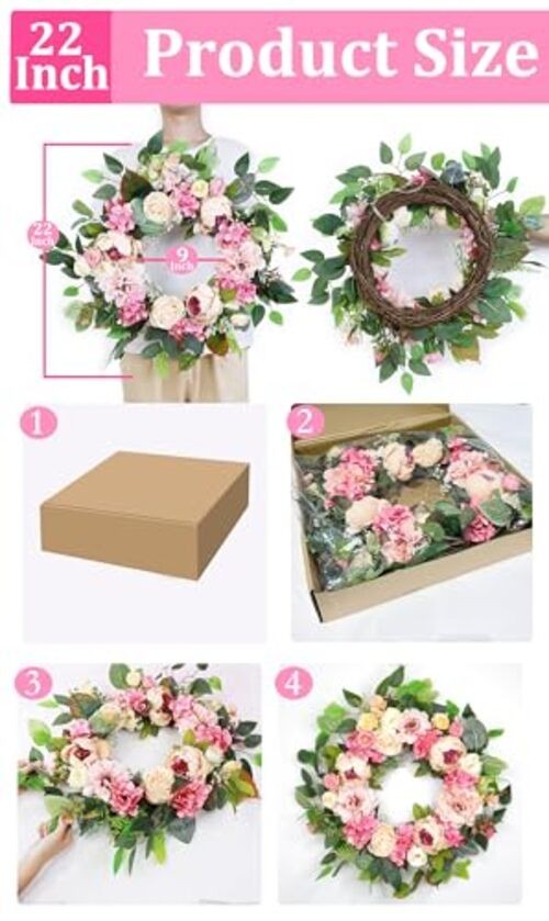 [Lighted & Timer] 22″ Spring Summer Wreaths for Front Door Peony Wreath with
