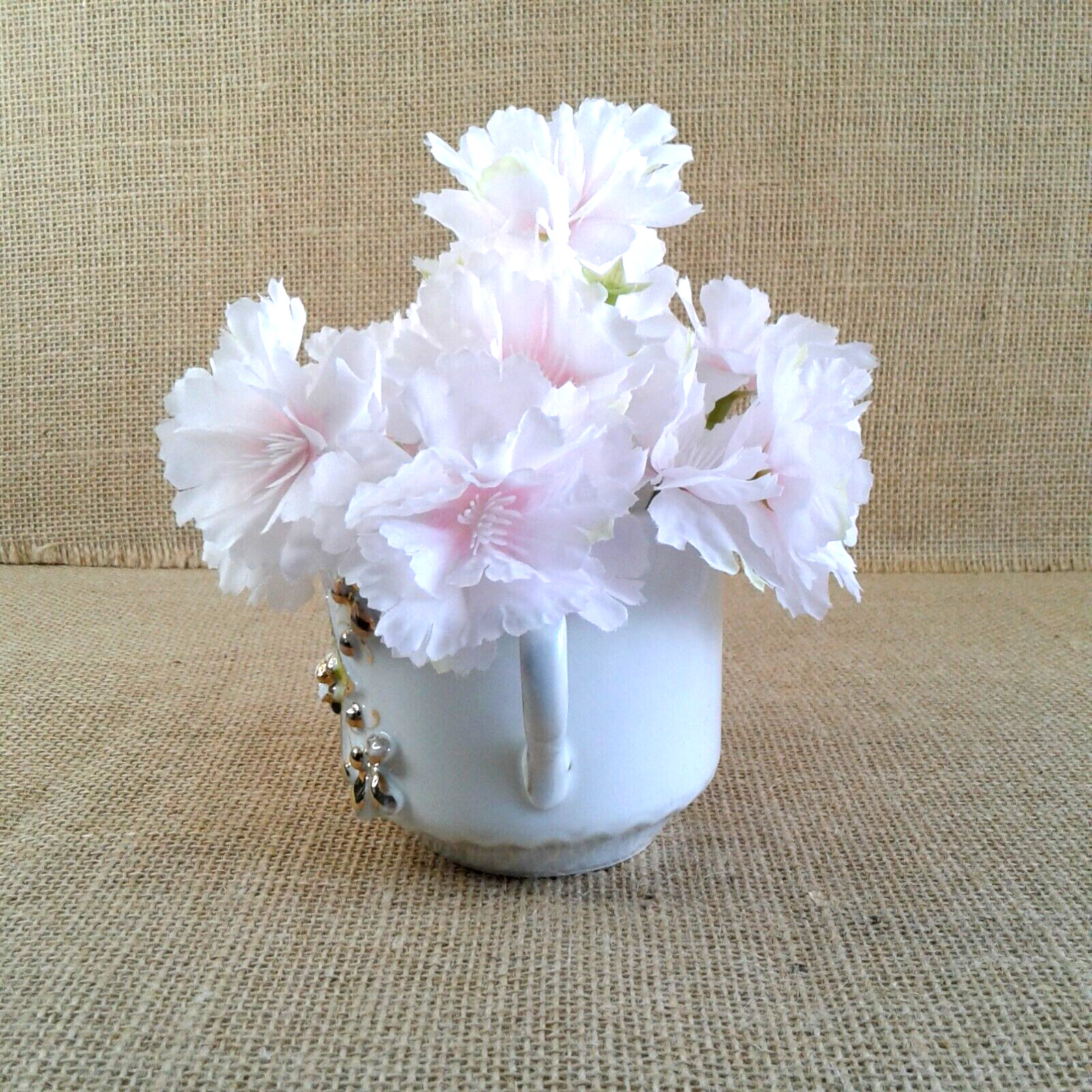 Fluffy Pink Floral Decor Green Gold Mustach Porcelain Cup Chic Country Gift 1460