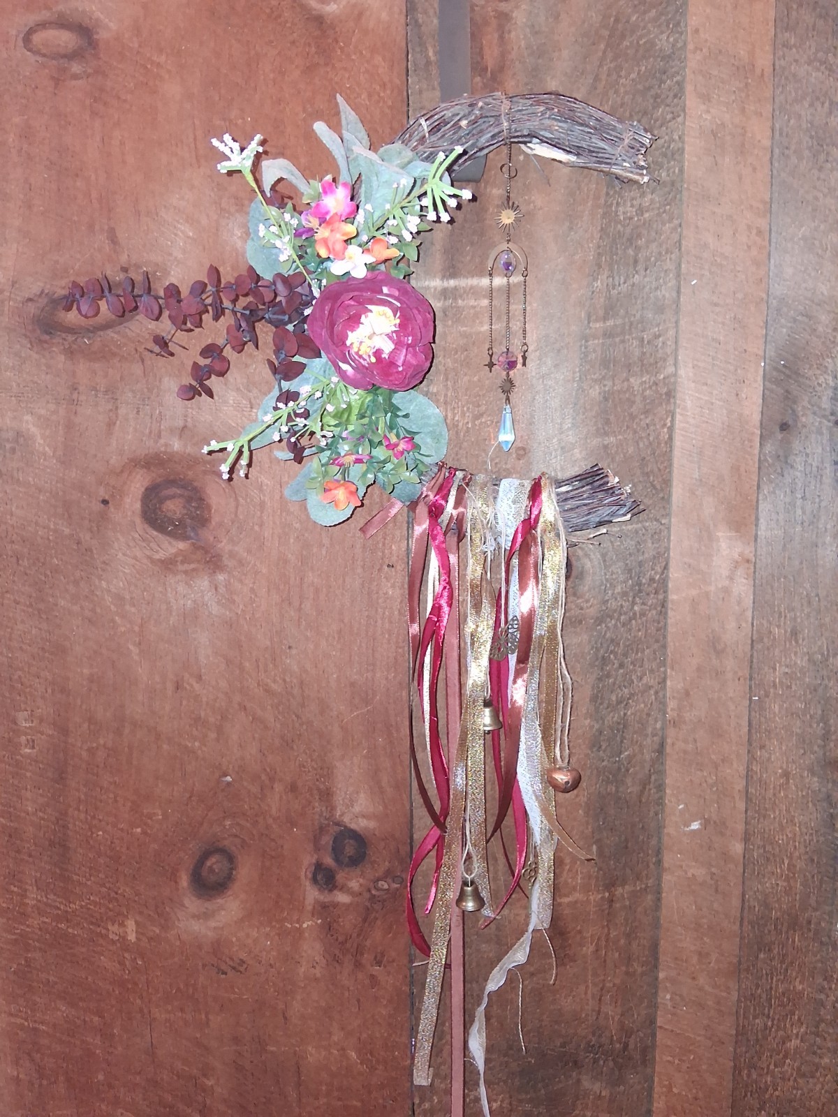 12″ Reiki Infused Crescent Moon Wreath Burgandy, Pinks, With Suncatcher, Bells