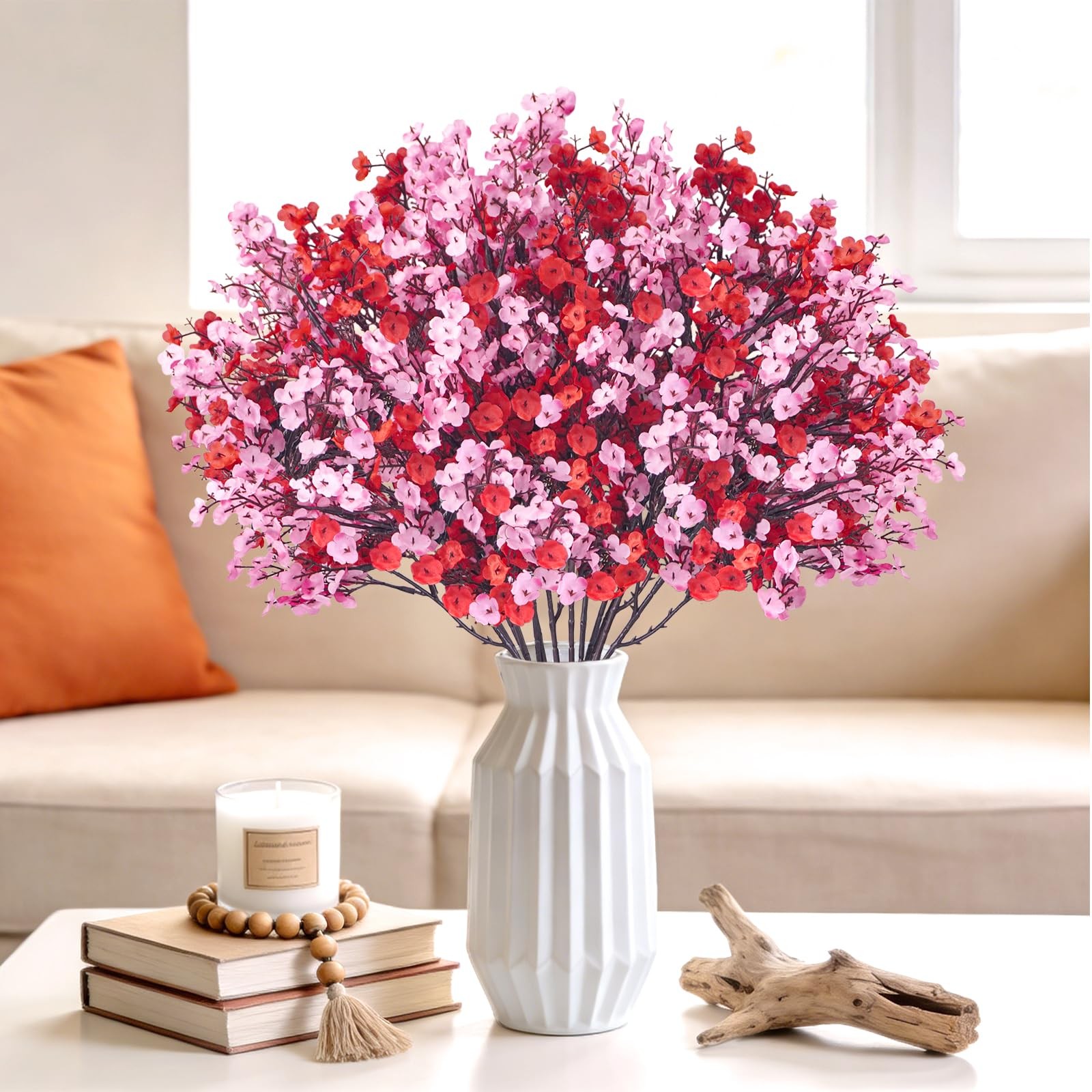 6 Pcs Valentine’s Day Artificial Baby’s Breath Flowers, Red Pink Faux Gypsoph…