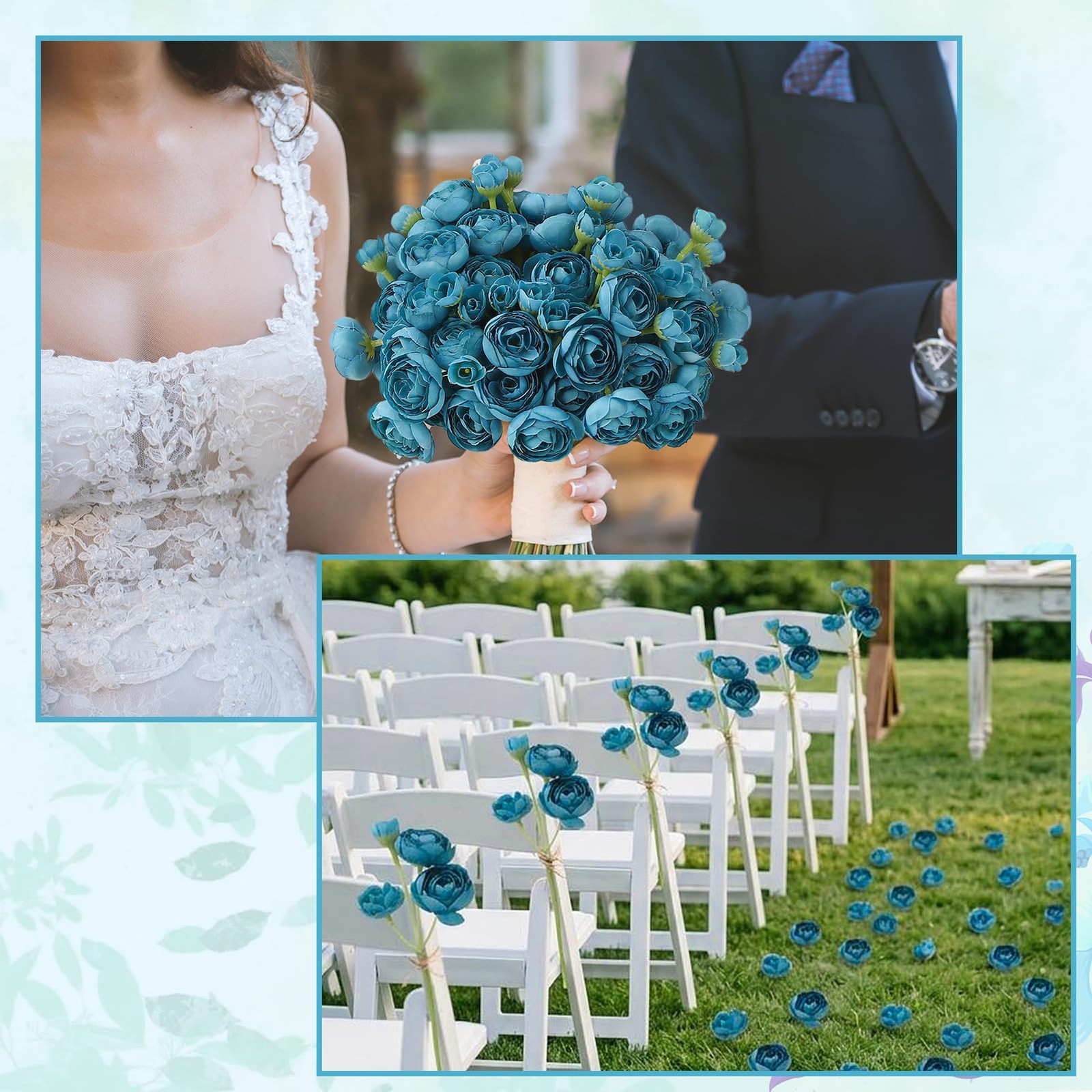 30 PCS 5 Bouquets Teal Ranunculus Artificial Flowers Silk Faux Centerpiece