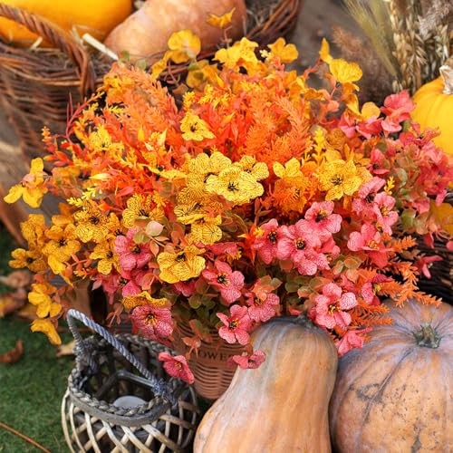 Artificial Fall Flowers for Outdoor, 16 Bundles Fake Fall Yellow Light Orange