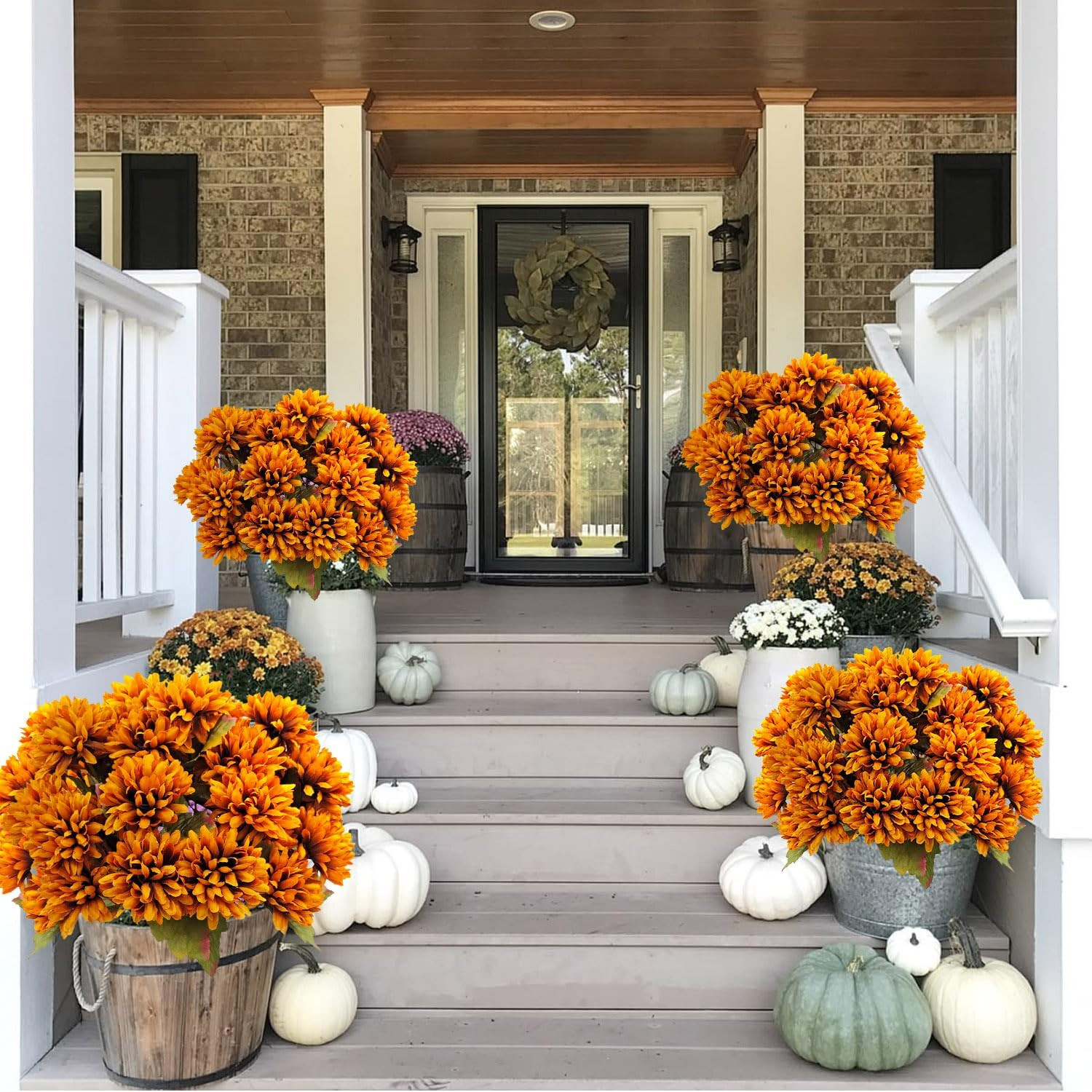 Artificial Fall Flowers Fake Mums for Outdoor, 6 Pack 30 Heads Artificial Chrysa