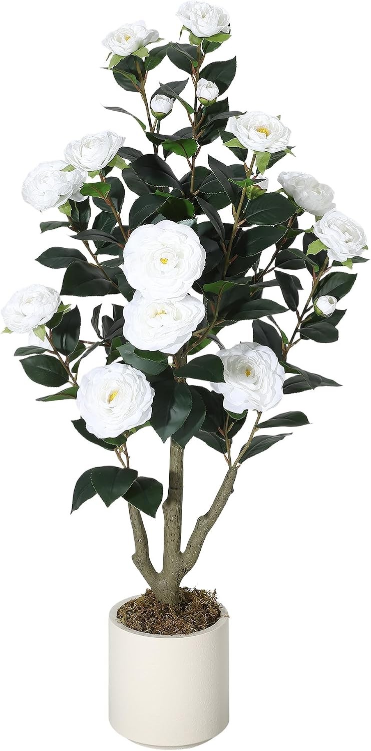 3/5FT Artificial Camellia Tree Lifelike Silk White Flowers Potted Faux Plant