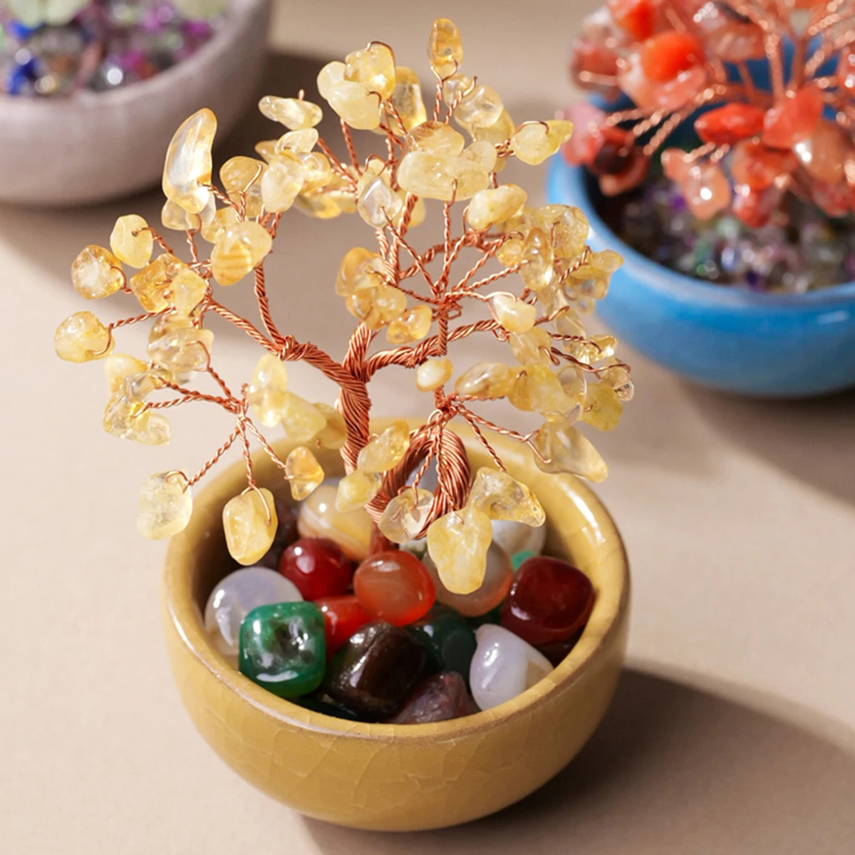 1PC Natural Crystal Tree Handmade Tree Copper Wire Life Small Bowl Flowerpot new