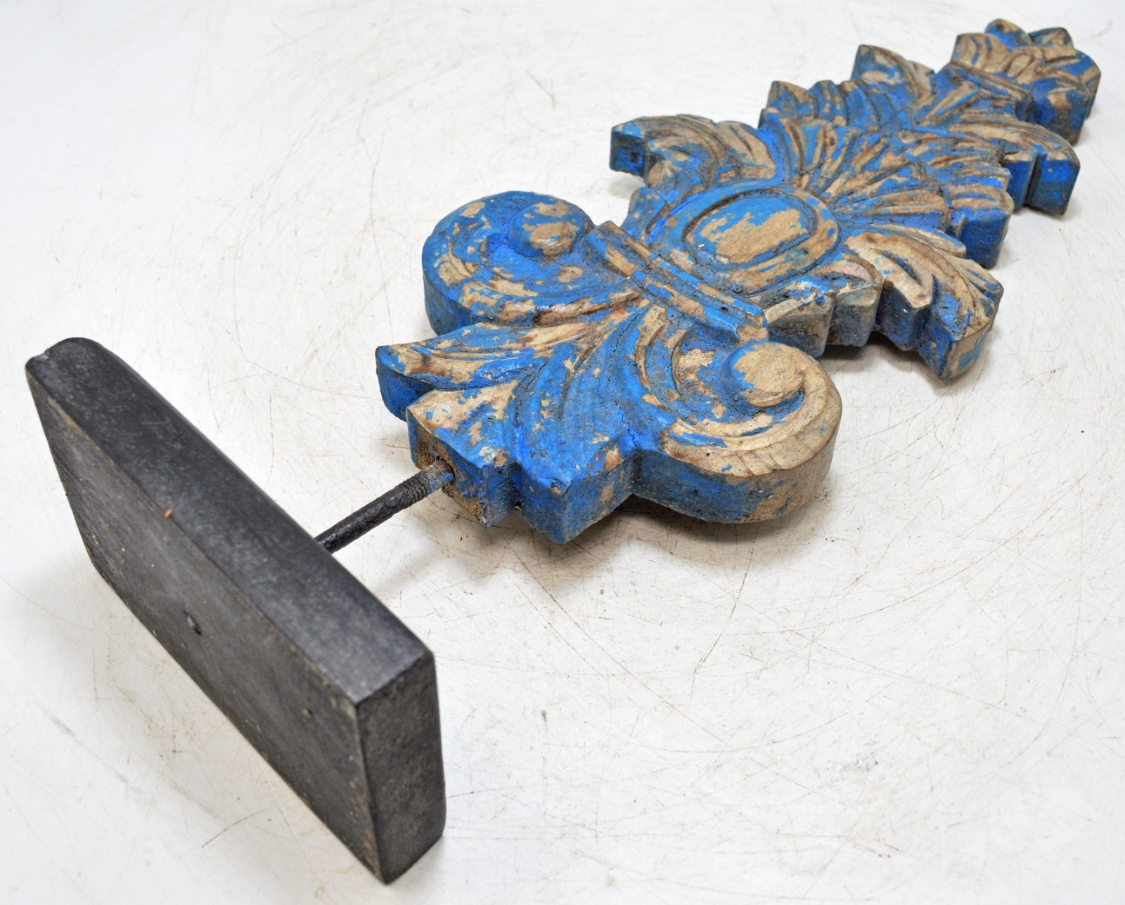 Hand Carved Wooden Flower Carving Panel Plaque on Stand Rustic Blue Painted