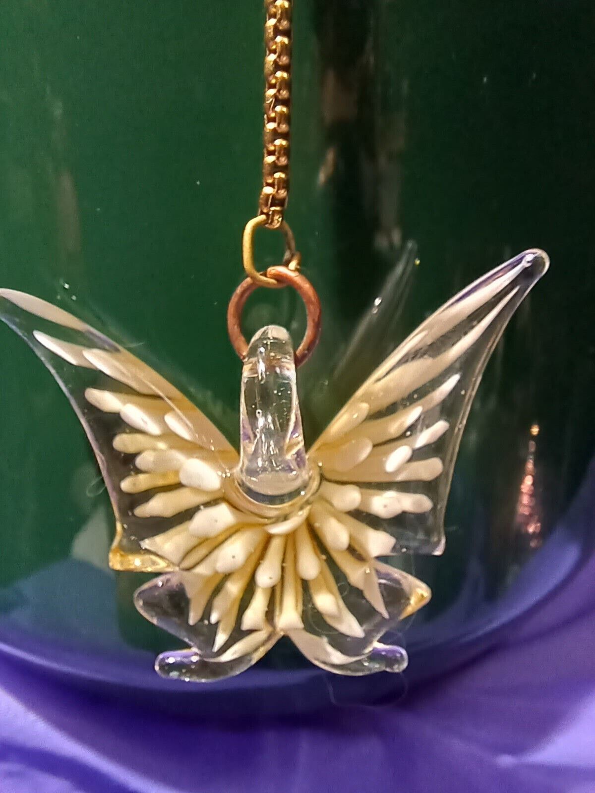 Artificial Flower Arrangement Vintage Green Vase Glass Butterfly On Gold Chain