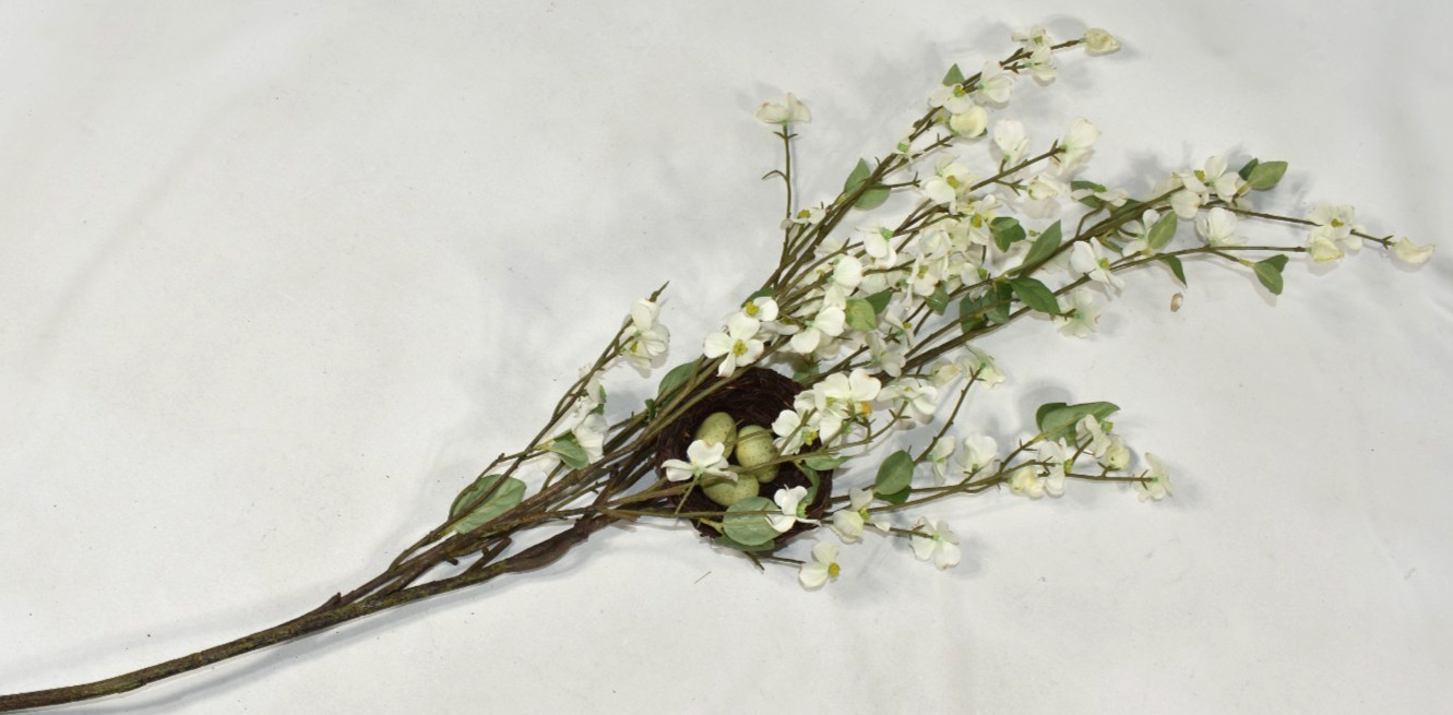 Pottery Barn Faux Dogwood Branch w/ Nest & Eggs Artificial Flowers 38″ Stem NEW