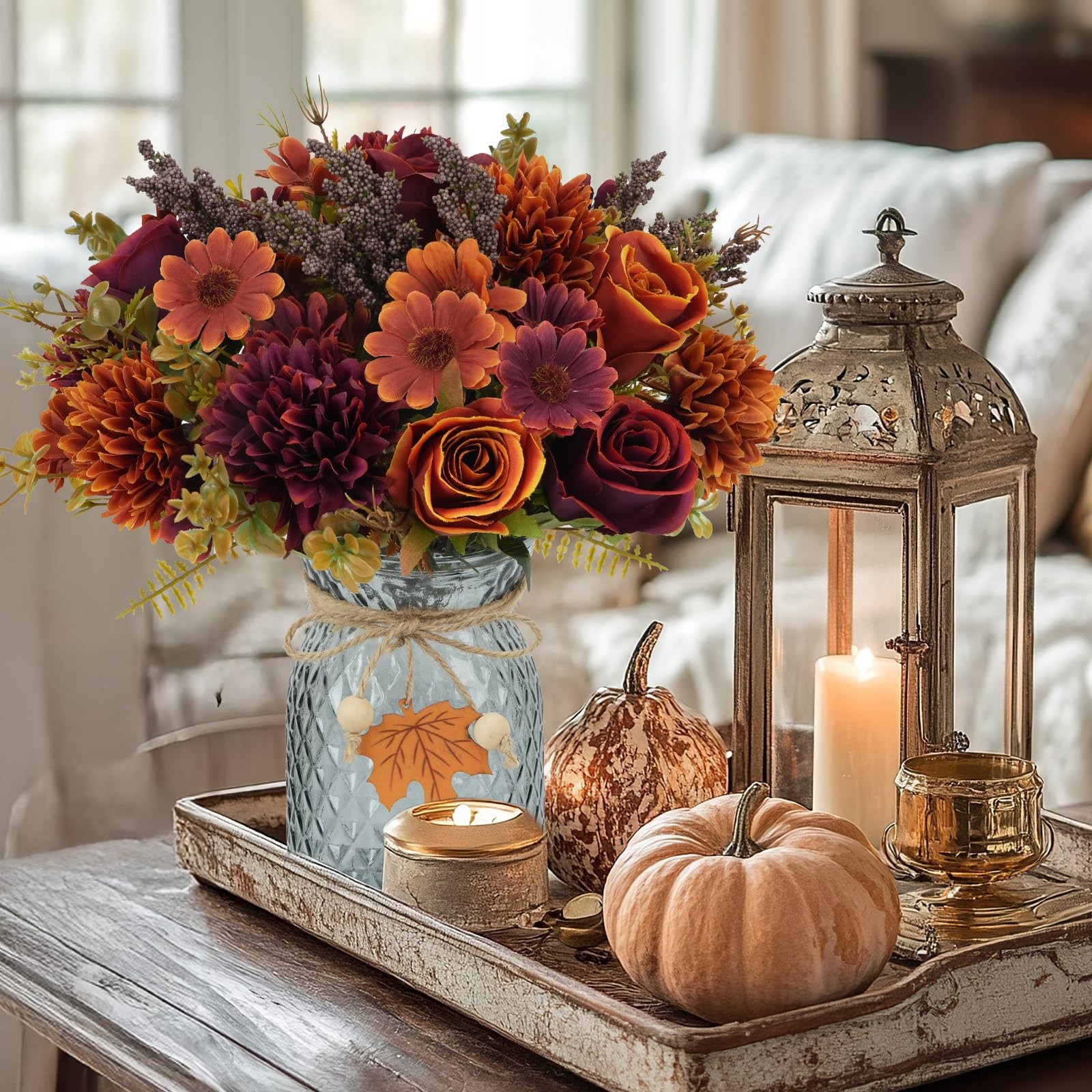 MHMJON Fall Silk Flowers Roses Daisies Vase 3 Bundles