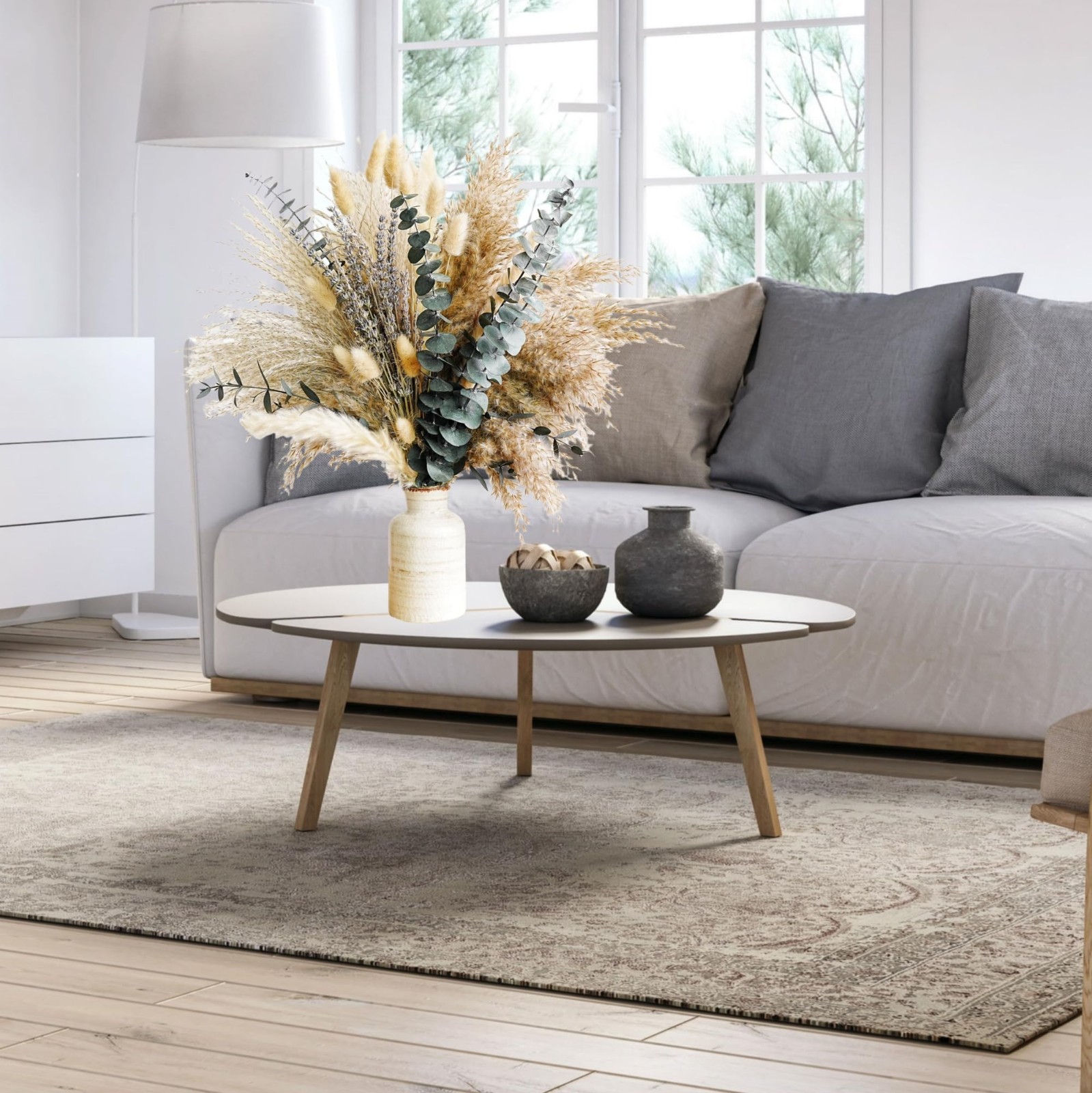 Boho Pampas Grass & Lavender Dried Flower Bouquet – Rustic Eucalyptus Decor for