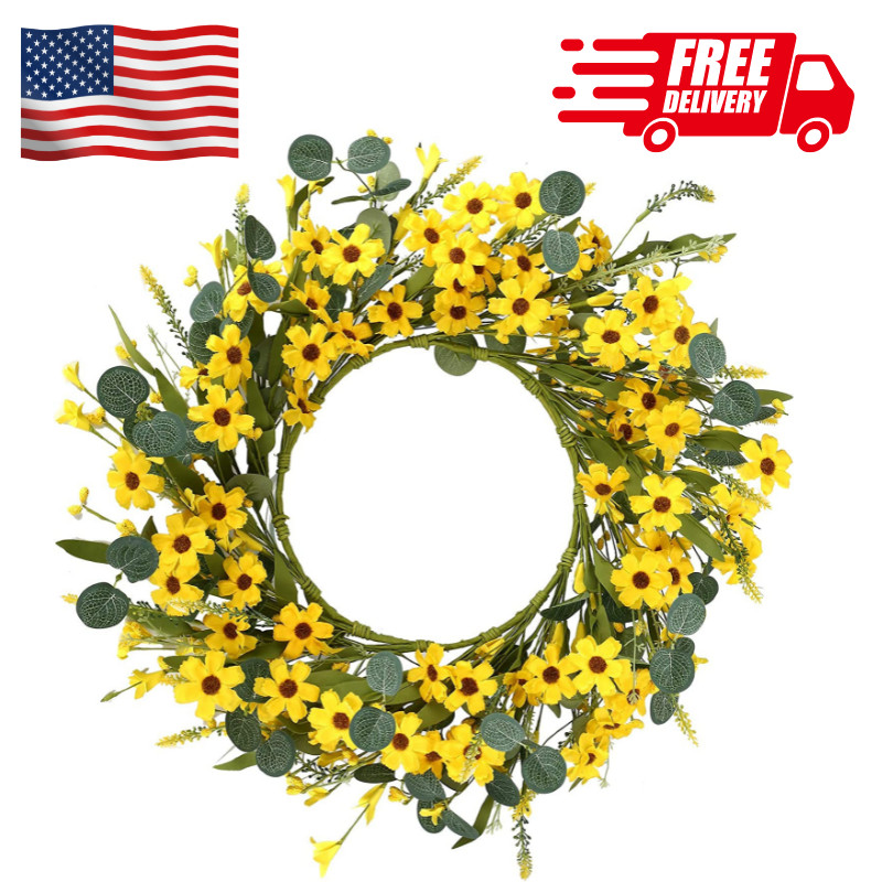 20″ Artificial Yellow Daisy Wreath Spring Summer Wreath for Outdoor Decoration