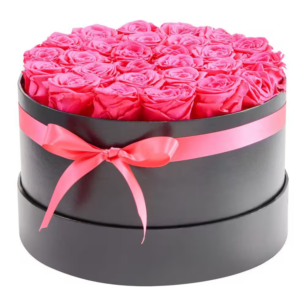 27 Preserved Roses in a Box, 5.51 In. Pink Indoor Artificial Rose in Black Baske