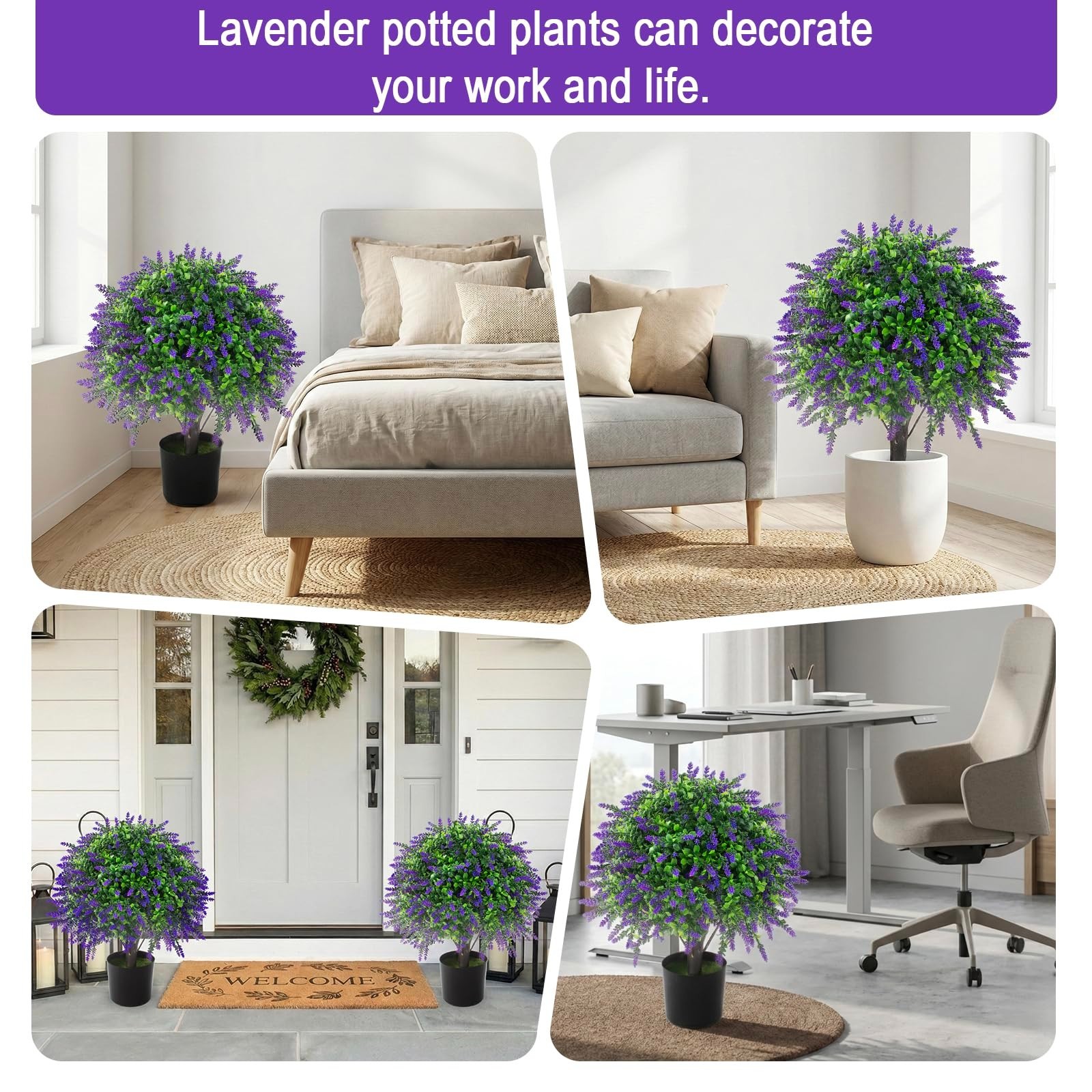 2 Pcs UV Resistant Artificial Lavender Topiary Balls – Potted Purple Plants for