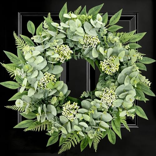 24 Inch Artificial Eucalyptus Fern Wreath, Lush All Year Round Greenery for
