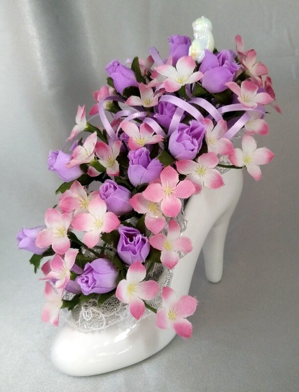 Lot (2) High Heeled Shoe Floral Arrangements w/ Cherubs (Pink/Purple & Peach)